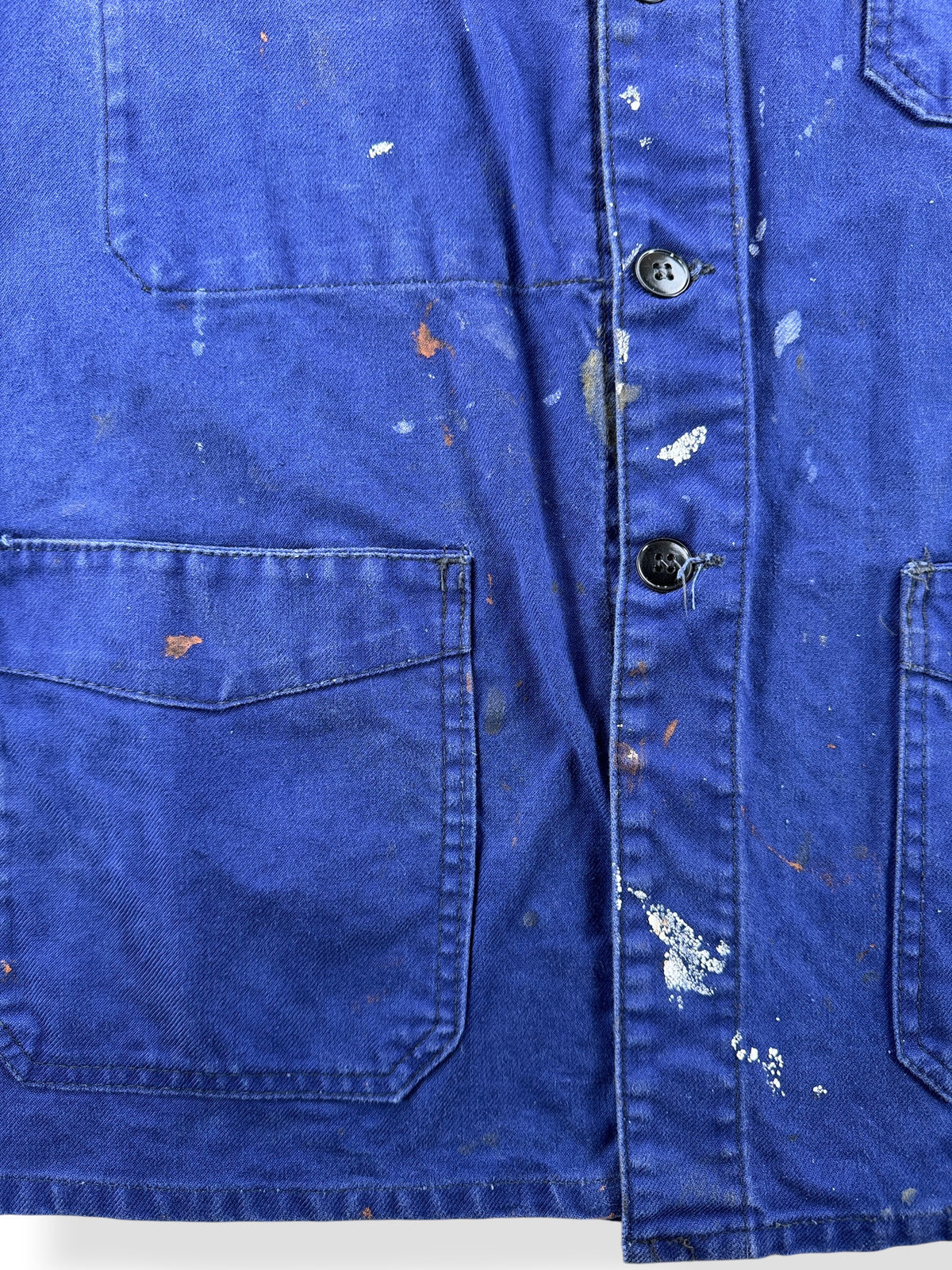 Paint of front of Vintage Paint Splattered French Chore Coat SZ M