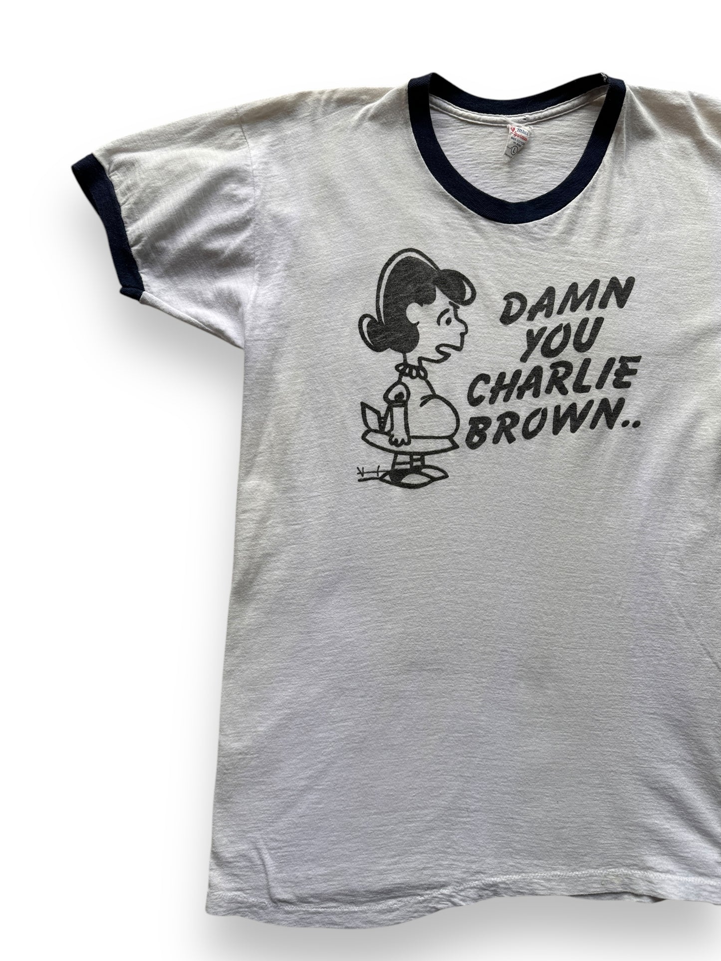 front right of Vintage Charlie Brown Ringer Tee SZ M