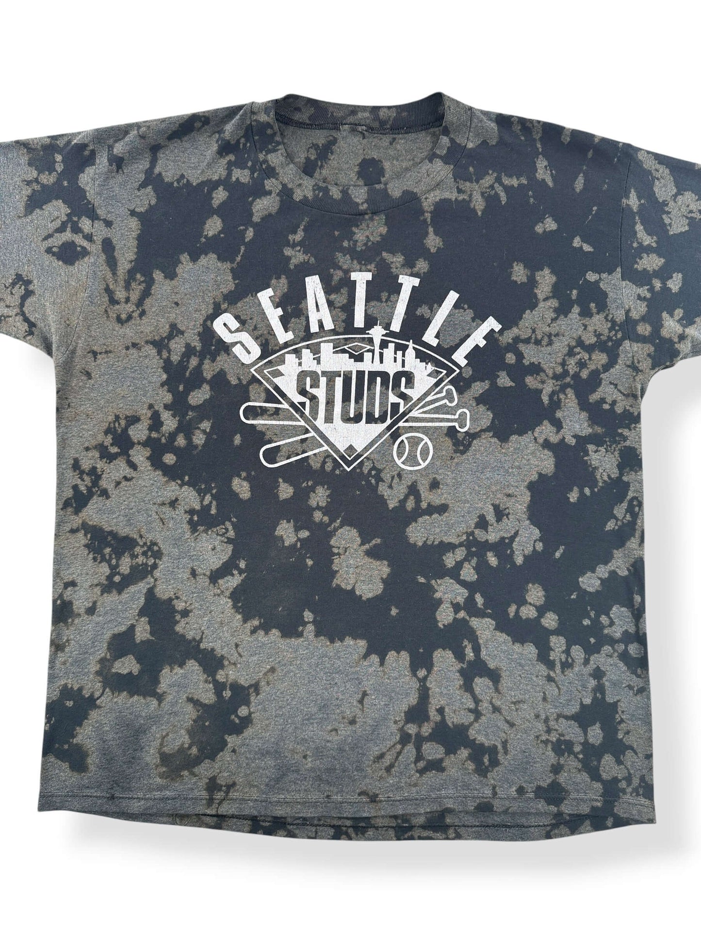 Front Close Up of Vintage Bleach Dye Seattle Studs Tee SZ L