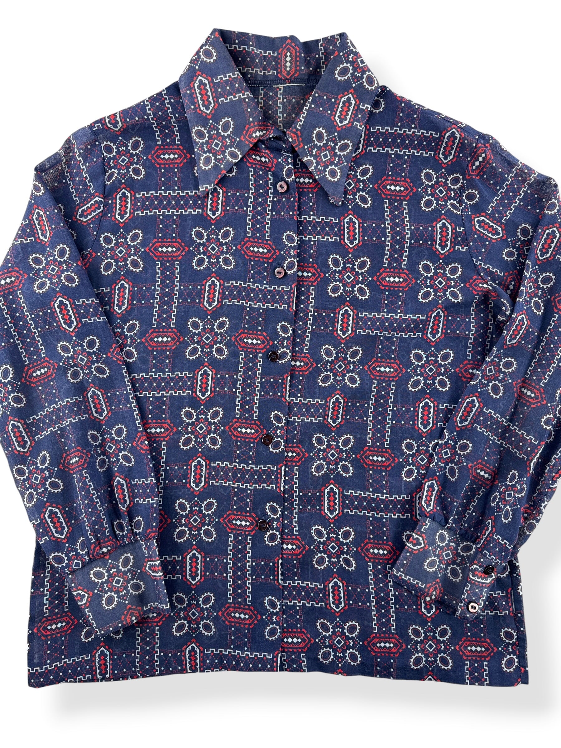 Close-up of Vintage Sheer Red White And Blue Printed Blouse SZ L
