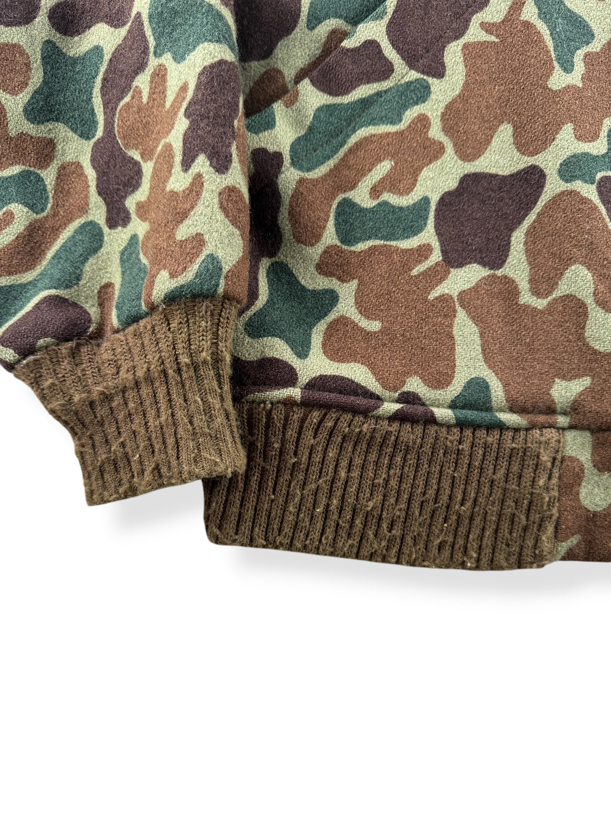 Pilling on cuffs and hem of Vintage Woolrich Duck Camo Bomber Jacket SZ M