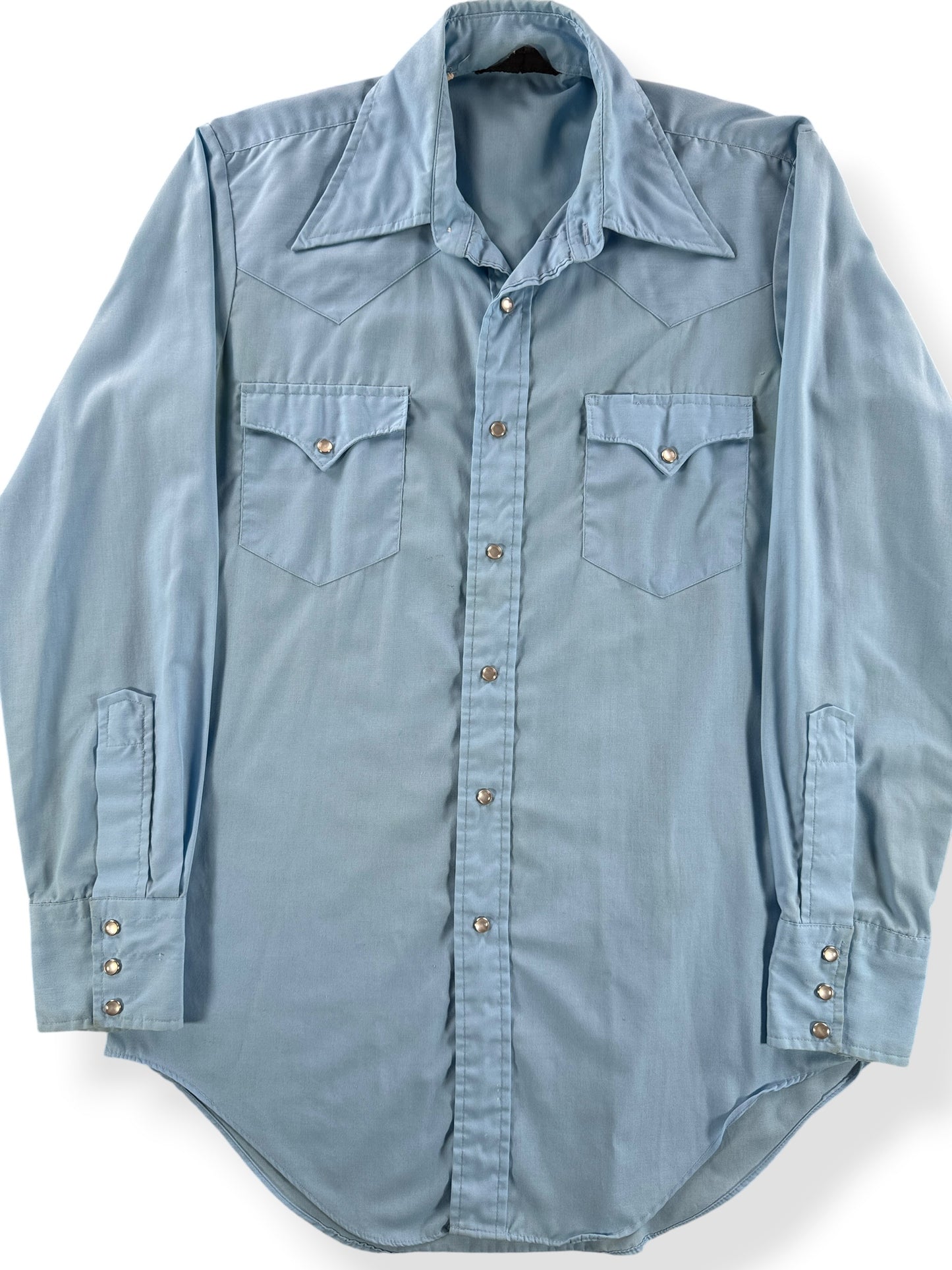 Front Close Up of Vintage Sears Cotton/Poly Light Blue Pearlsnap SZ S