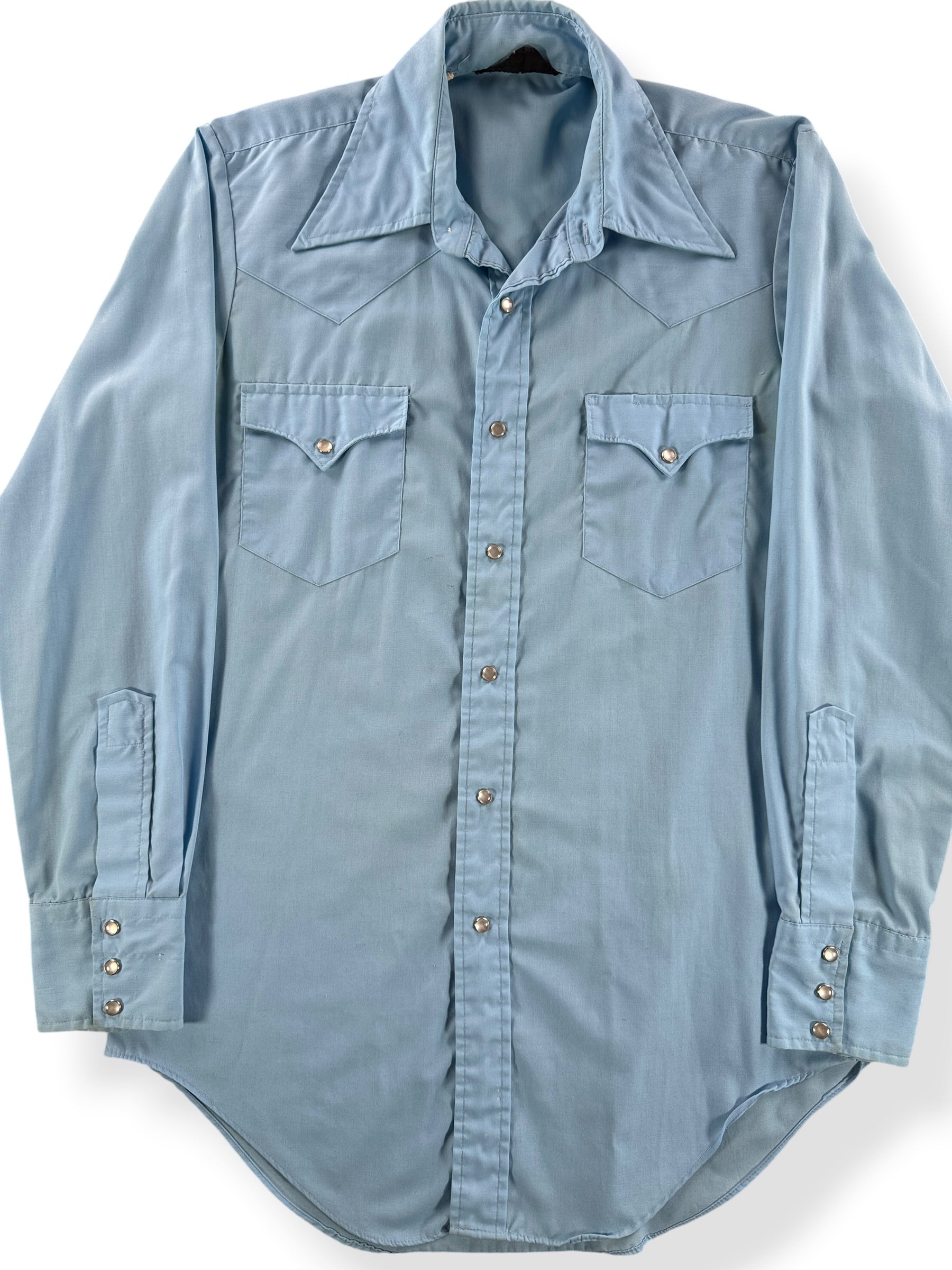 Front Close Up of Vintage Sears Cotton/Poly Light Blue Pearlsnap SZ S