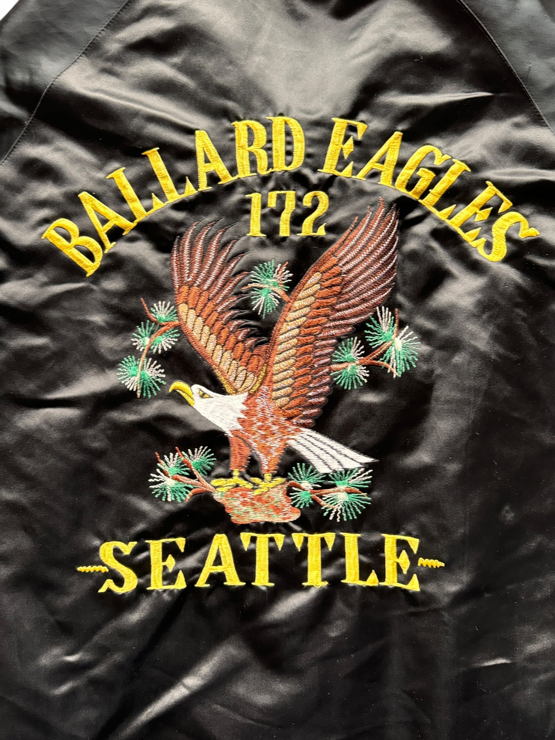 back close up of Vintage Ballard Eagles Satin Coaches Jacket SZ L