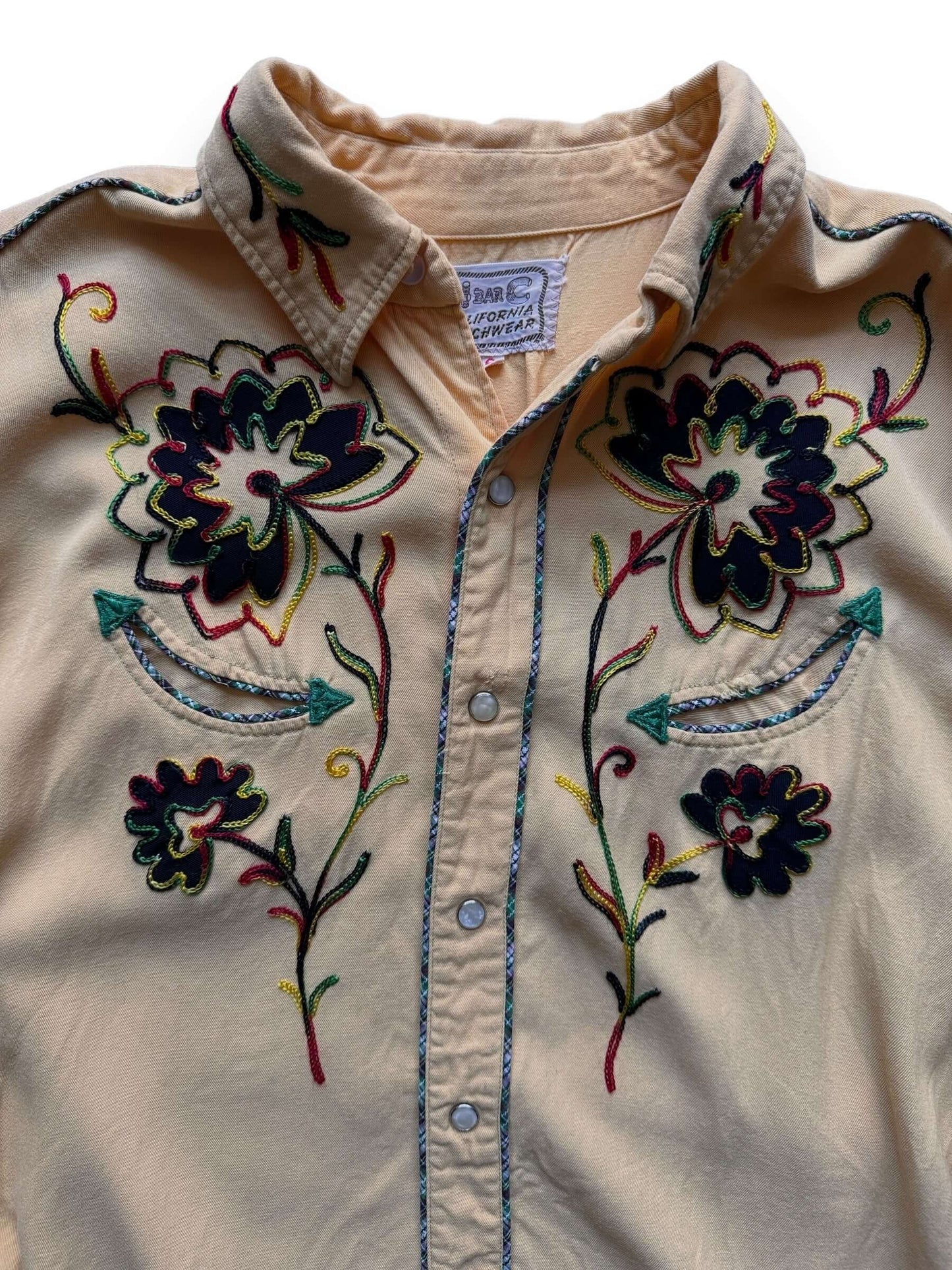 Upper Front View of Vintage 1950’s “H Bar C” Ranchwear Cowboy Western Gabardine Rockabilly Shirt SZ 16