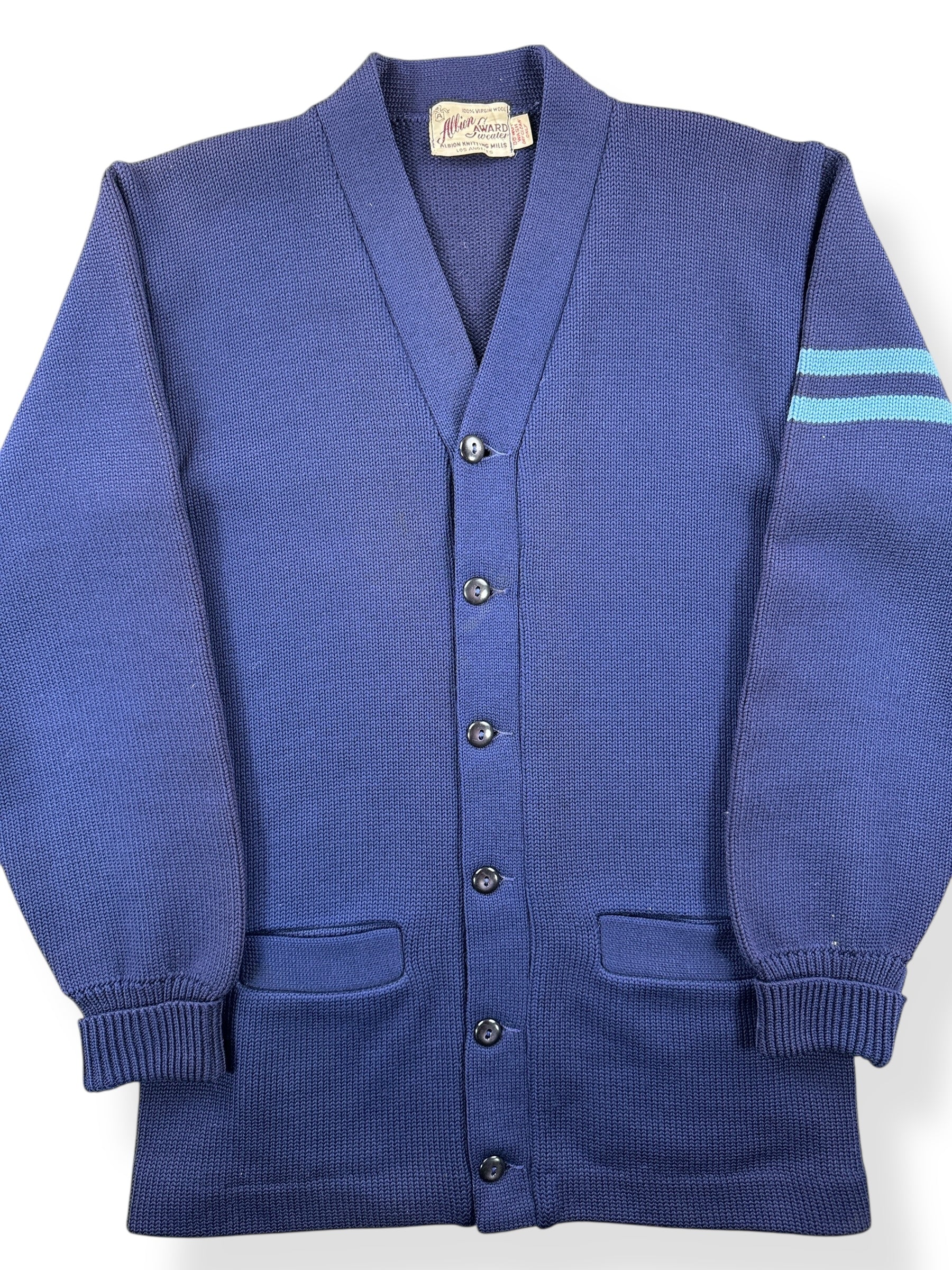 Front Close Up of Vintage Albion Knitting Mills Varsity Sweater SZ S