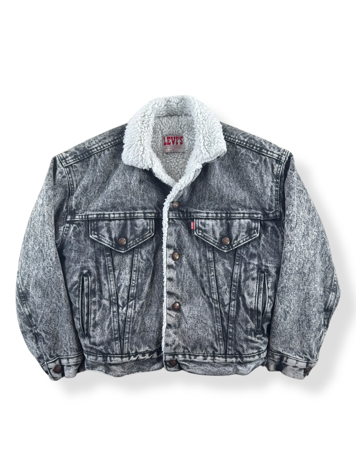 Front of Vintage Levis Grey Acid Wash Shearling Jacket SZ M (Fits S)