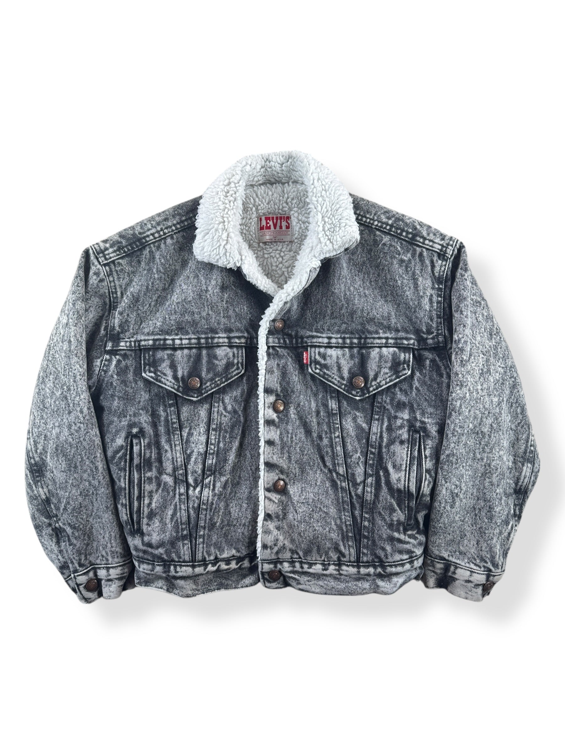 Front of Vintage Levis Grey Acid Wash Shearling Jacket SZ M (Fits S)