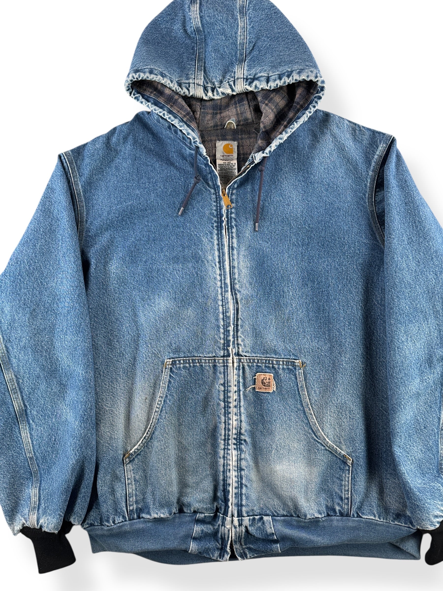 Front Close Up of Vintage Denim Carhartt Hooded Jacket SZ 3XL