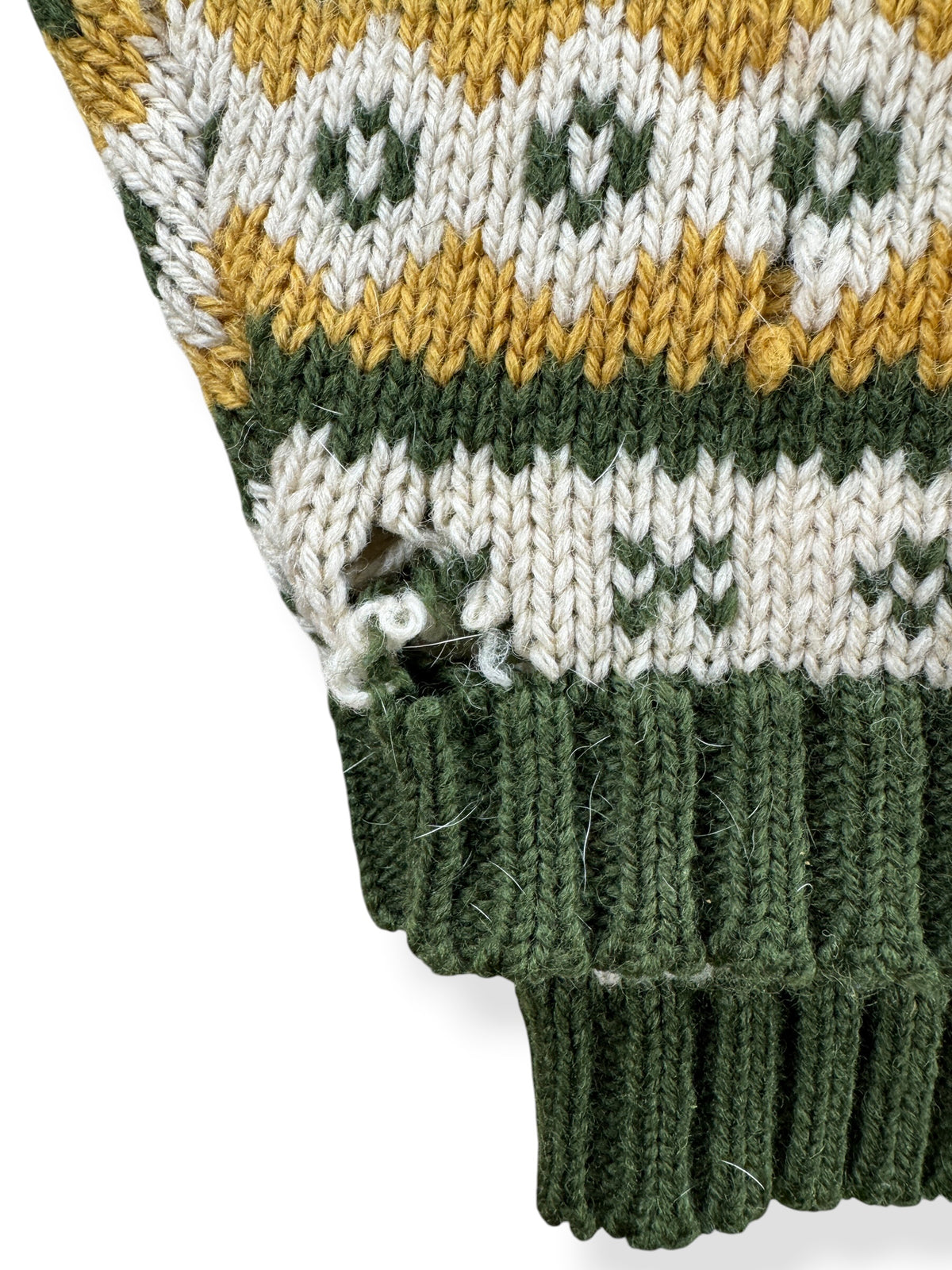 Small hole on sleeve of Vintage Green & Mustard Norwegian Wool Cardigan SZ M