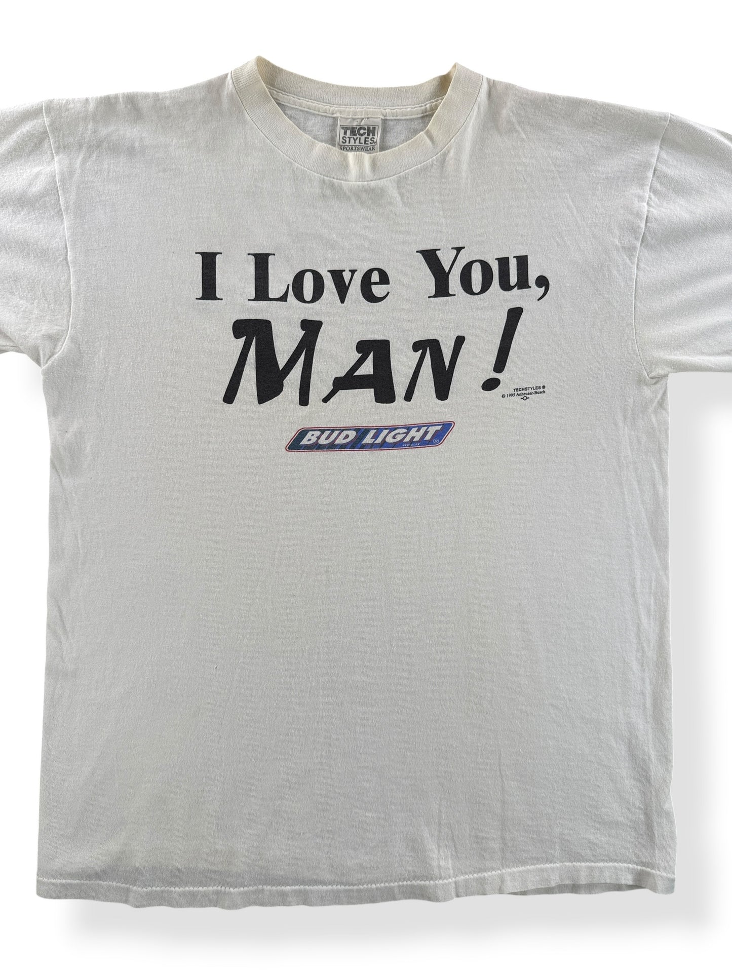 Front Close Up of Vintage I Love You Man Bud Light Beer Tee SZ L