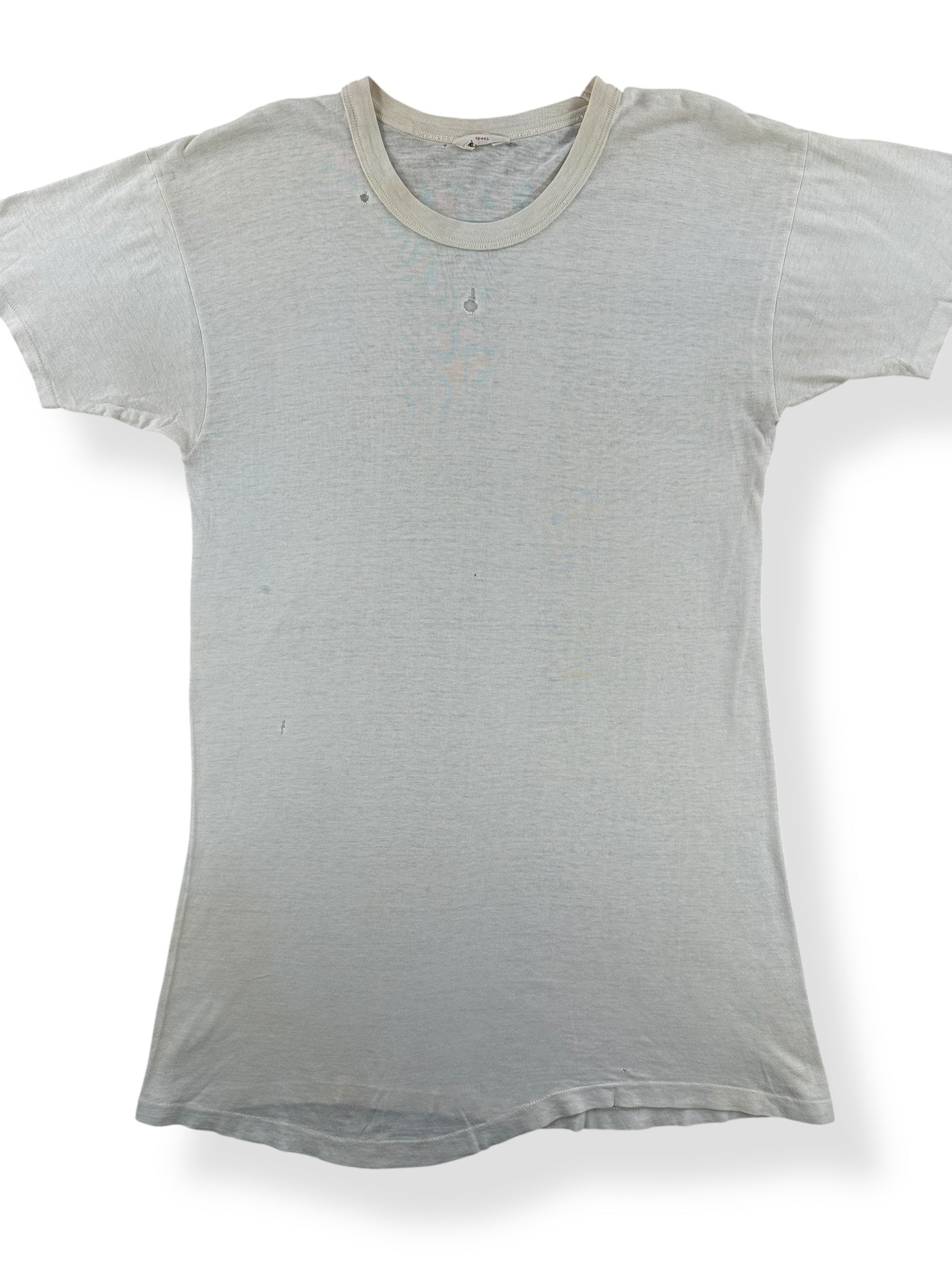 Front Close Up of Vintage 60s Era Jockey White Blank Tee SZ S AS IS