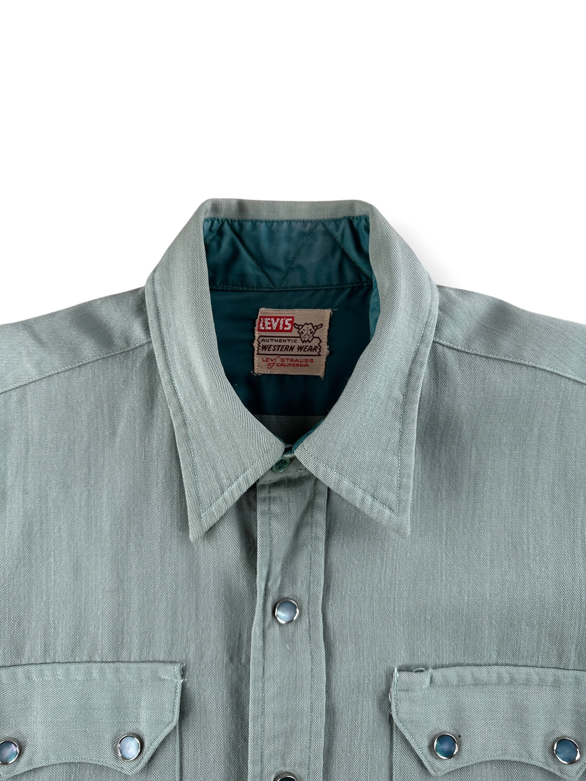 Collar on Vintage Green Levi's Short Horn Gabardine Shirt SZ S