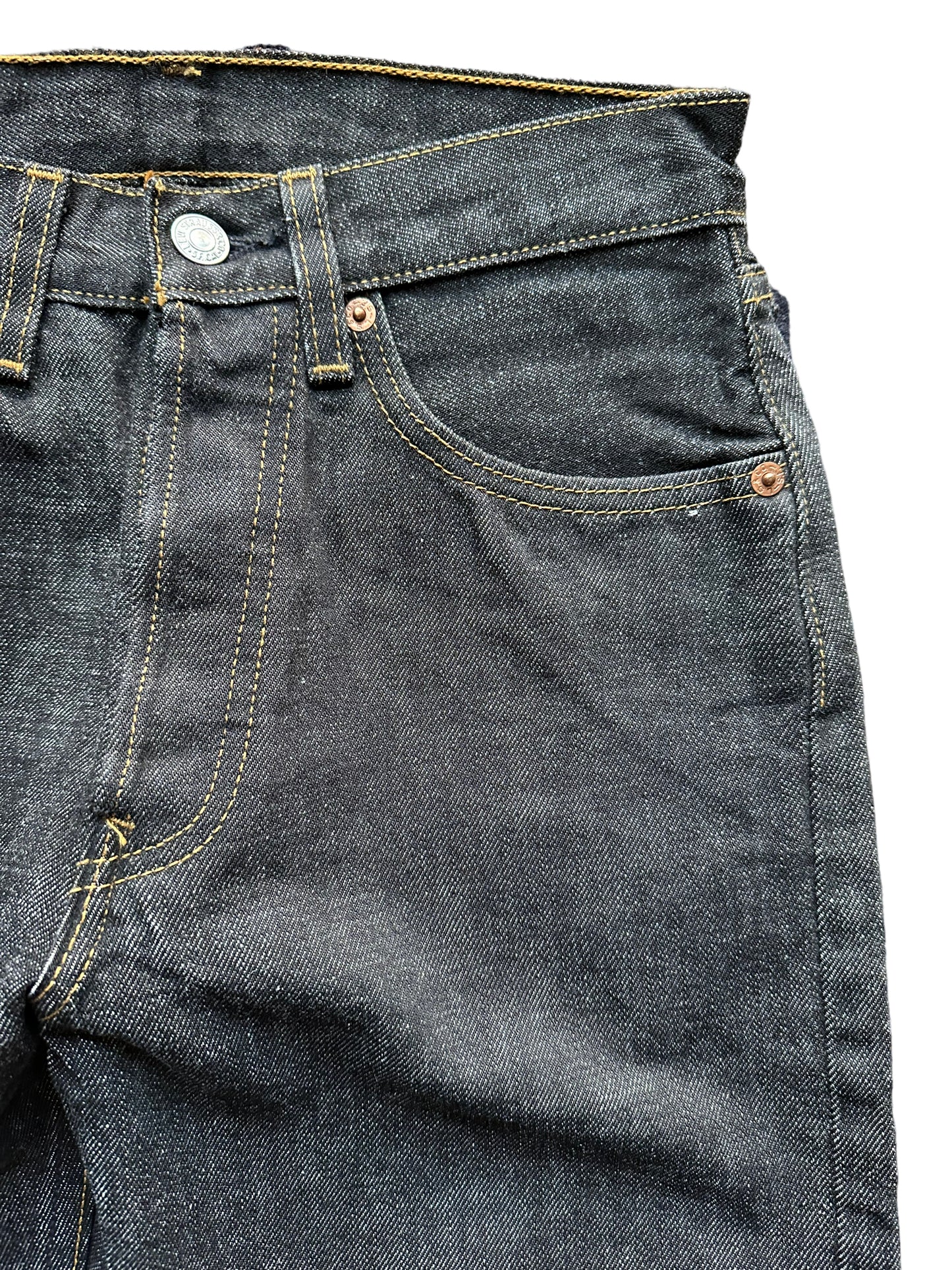 Front left side waist of Deadstock 90s USA Levi's 501 Black Jeans 26x33 | Seattle Deadstock Vintage Jeans | Barn Owl Vintage Denim