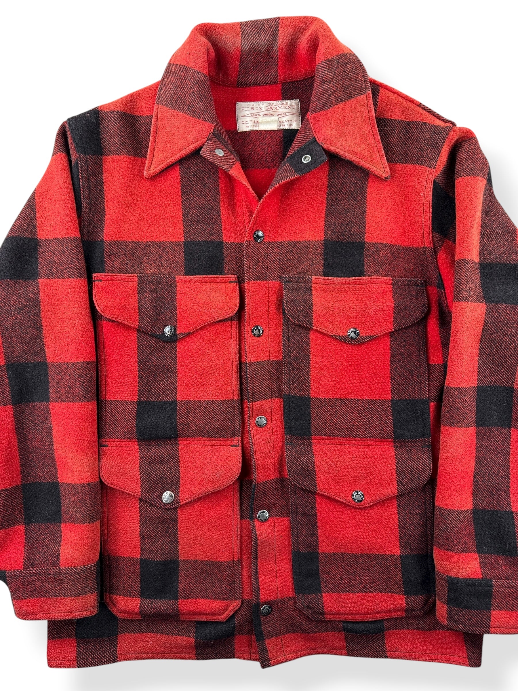 Front Close Up of Vintage Filson Button Snap Mackinaw Jacket SZ 42