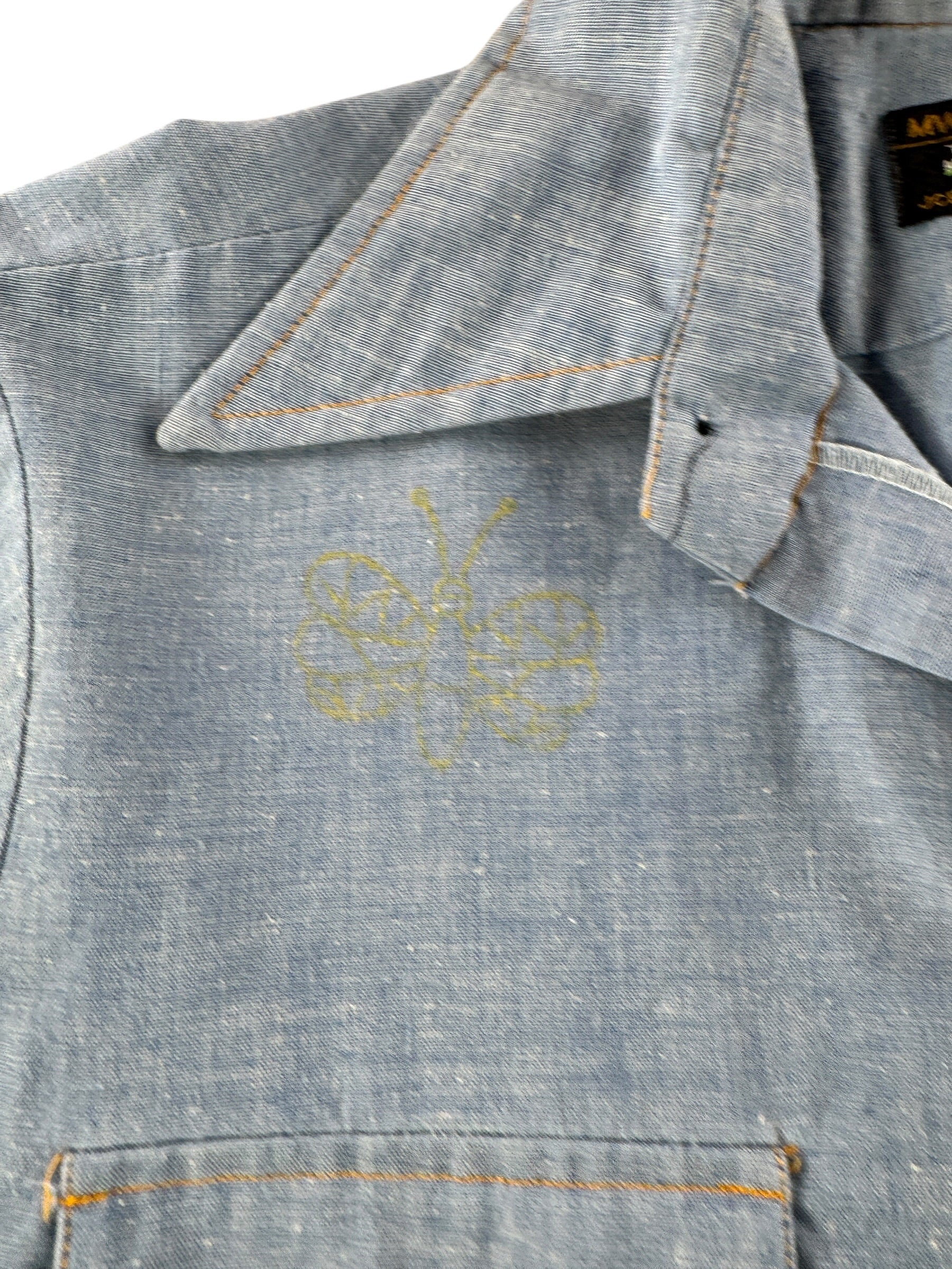 Close up of collar on Vintage 70s Embroidered Chambray Shirt