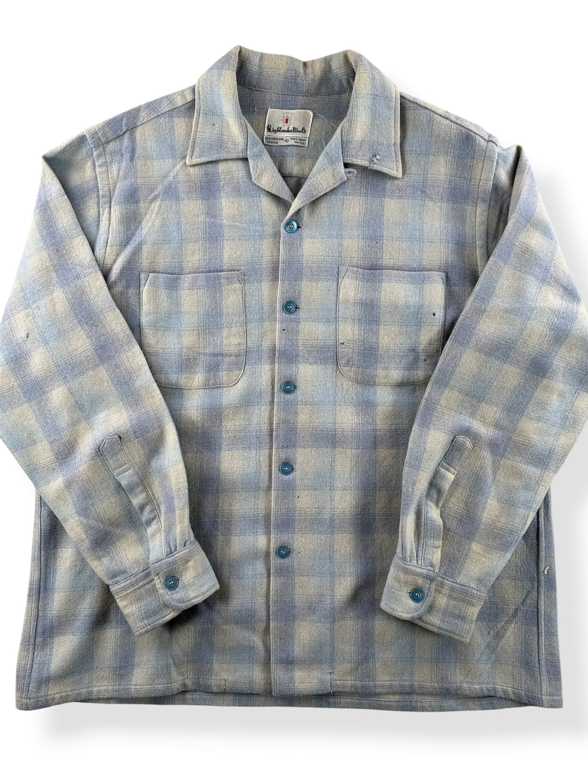 Close-up of Vintage Highlander Woolen Mills Blue Plaid Flannel SZ L - AS IS