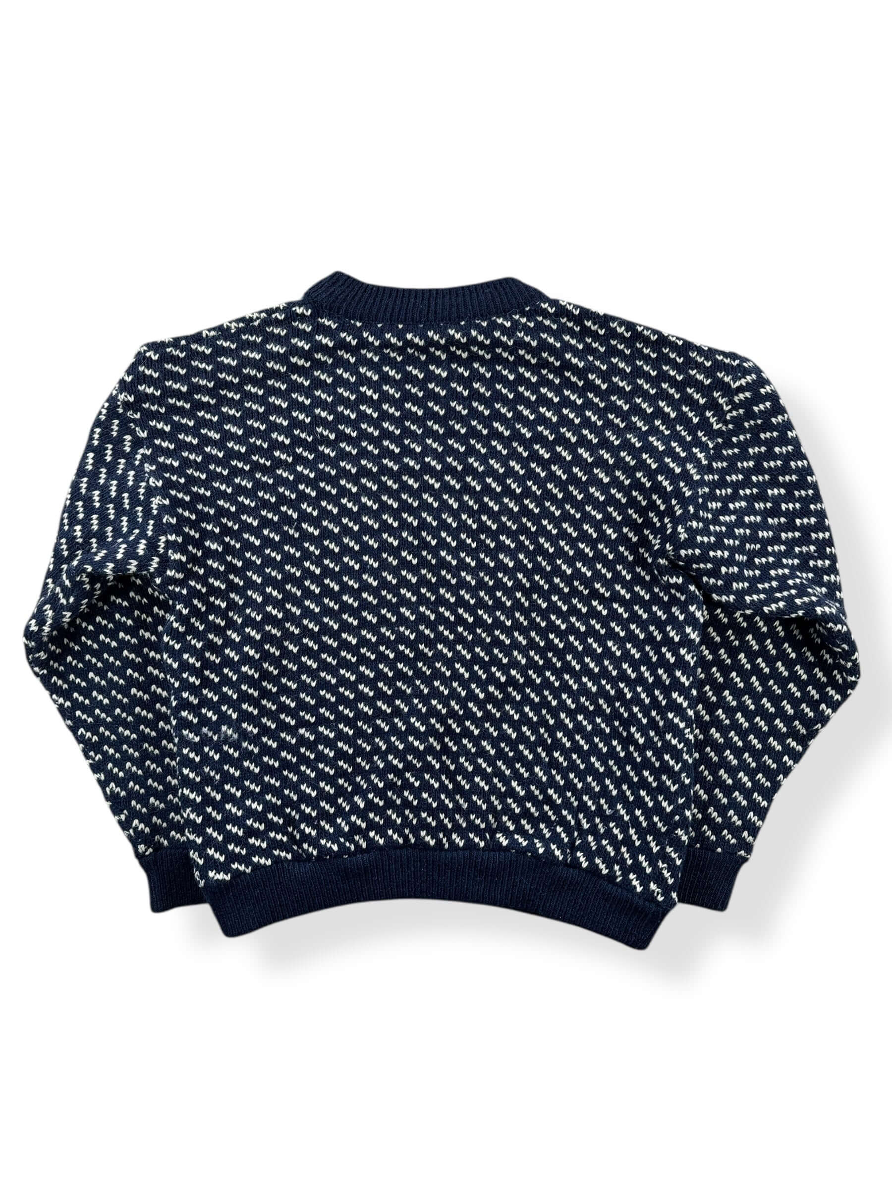 Back of Vintage Ladies LL Bean Birdseye Nordic Blue and White Sweater SZ M