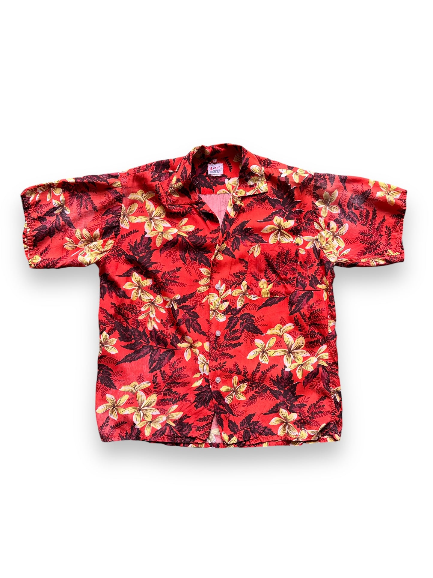 front of Vintage Luau Red Floral Aloha Shirt SZ M-L