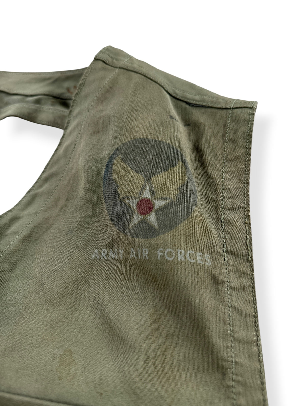 Army Air Force stencil on front of Vintage WWII US Army Air Forces Flight Survival Vest SZ S
