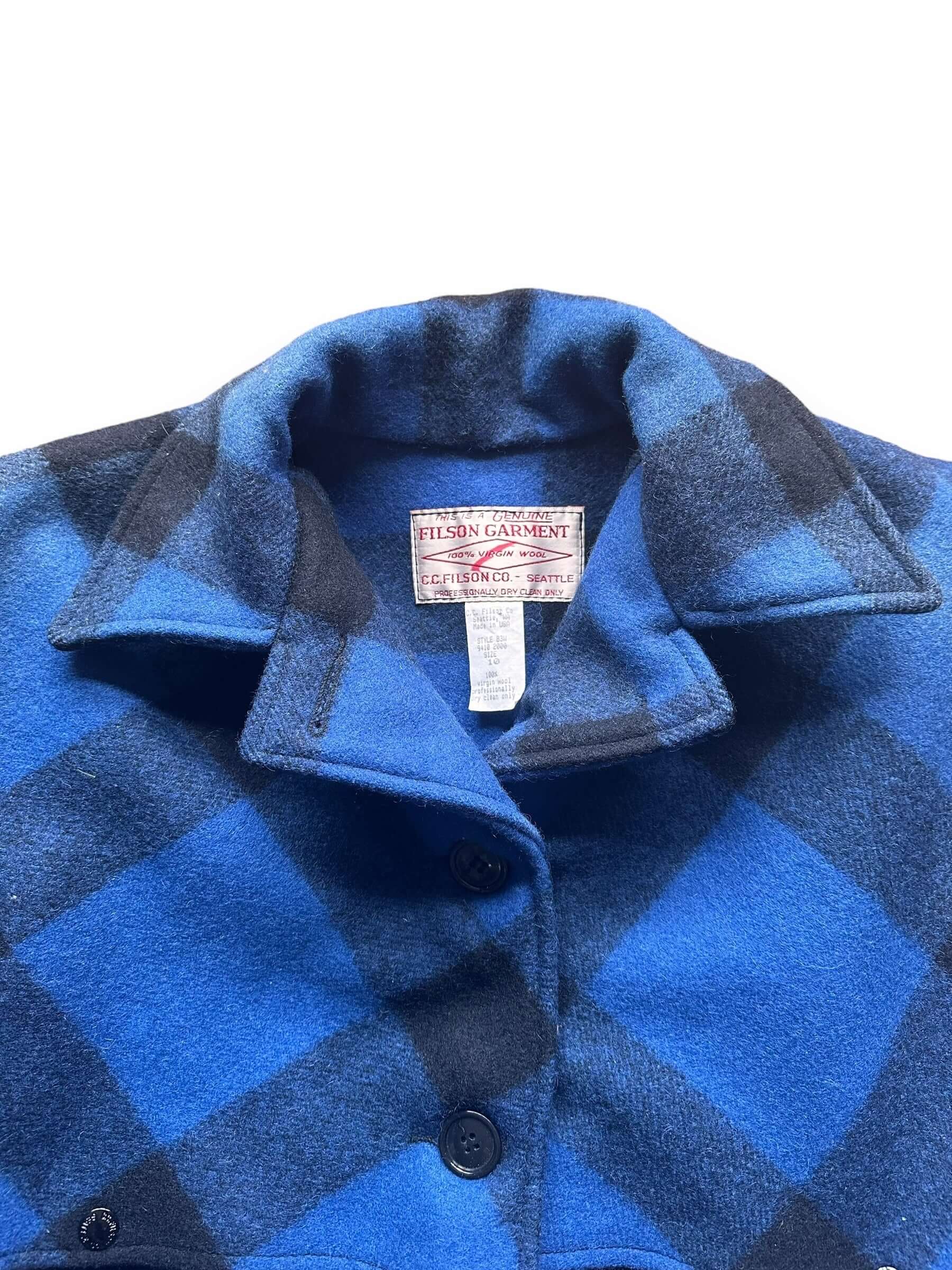 Collar View of Vintage Women's Filson Cobalt and Black Double Mackinaw Jacket SZ 10