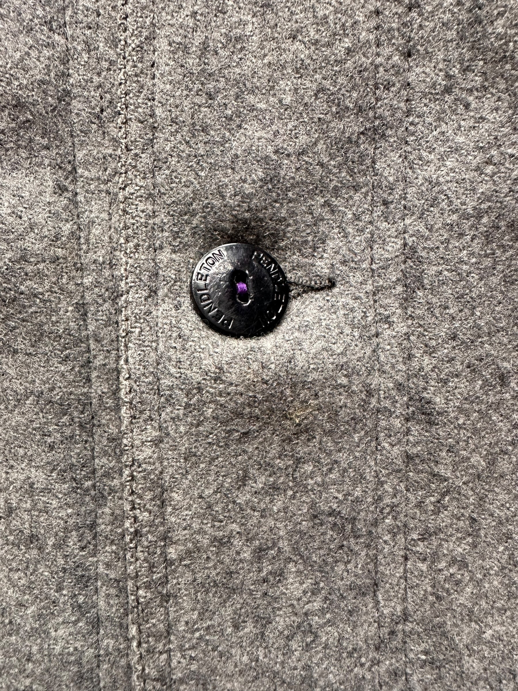 Pendleton Branded Button on Vintage Grey Pendleton Wool Jacket SZ XXL | Vintage Clothing Seattle | Barn Owl Vintage