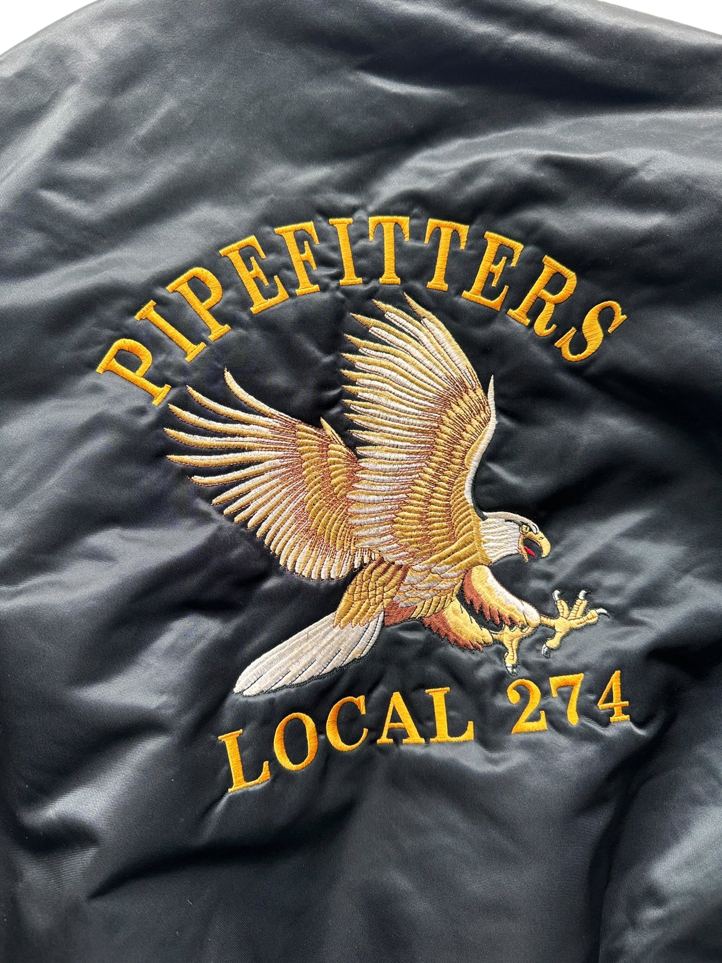 Back Embroidery on Vintage Pipefitters Local 274 Coaches Jacket SZ XL