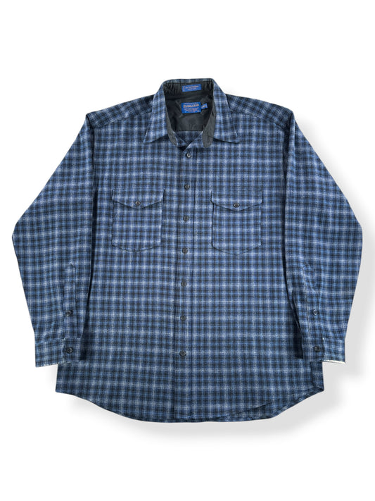 Front of Vintage Pendleton Outdoorsman Blue & Black Flannel SZ XL