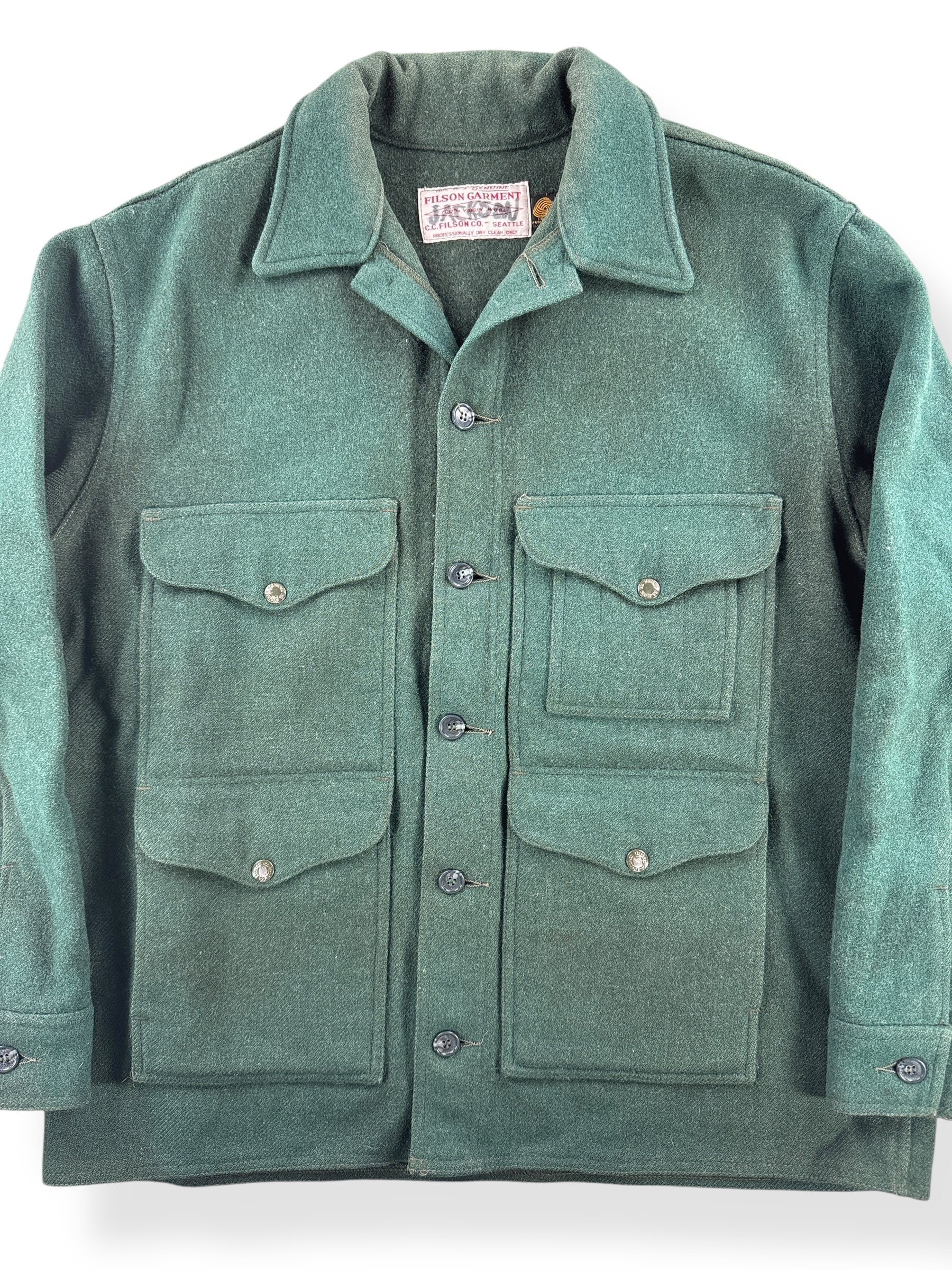 Front Close Up of Vintage Filson Forest Green Mackinaw Jacket SZ 48