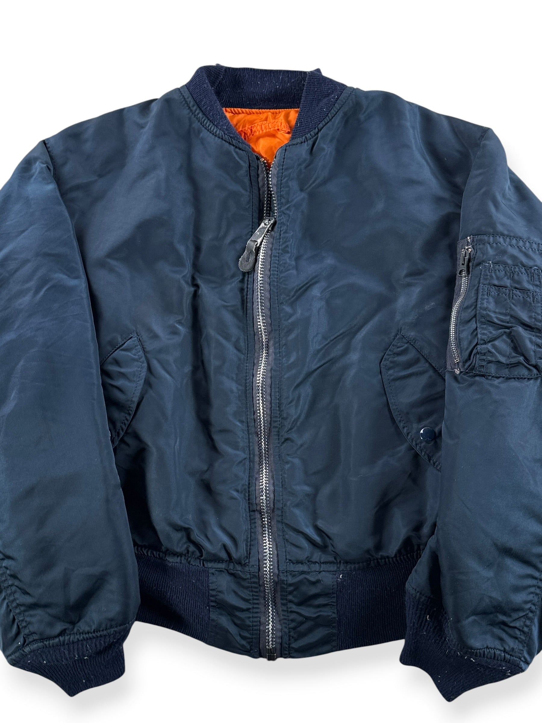 Front Close Up of Vintage Navy Blue Alpha Industries Bomber Jacket SZ L