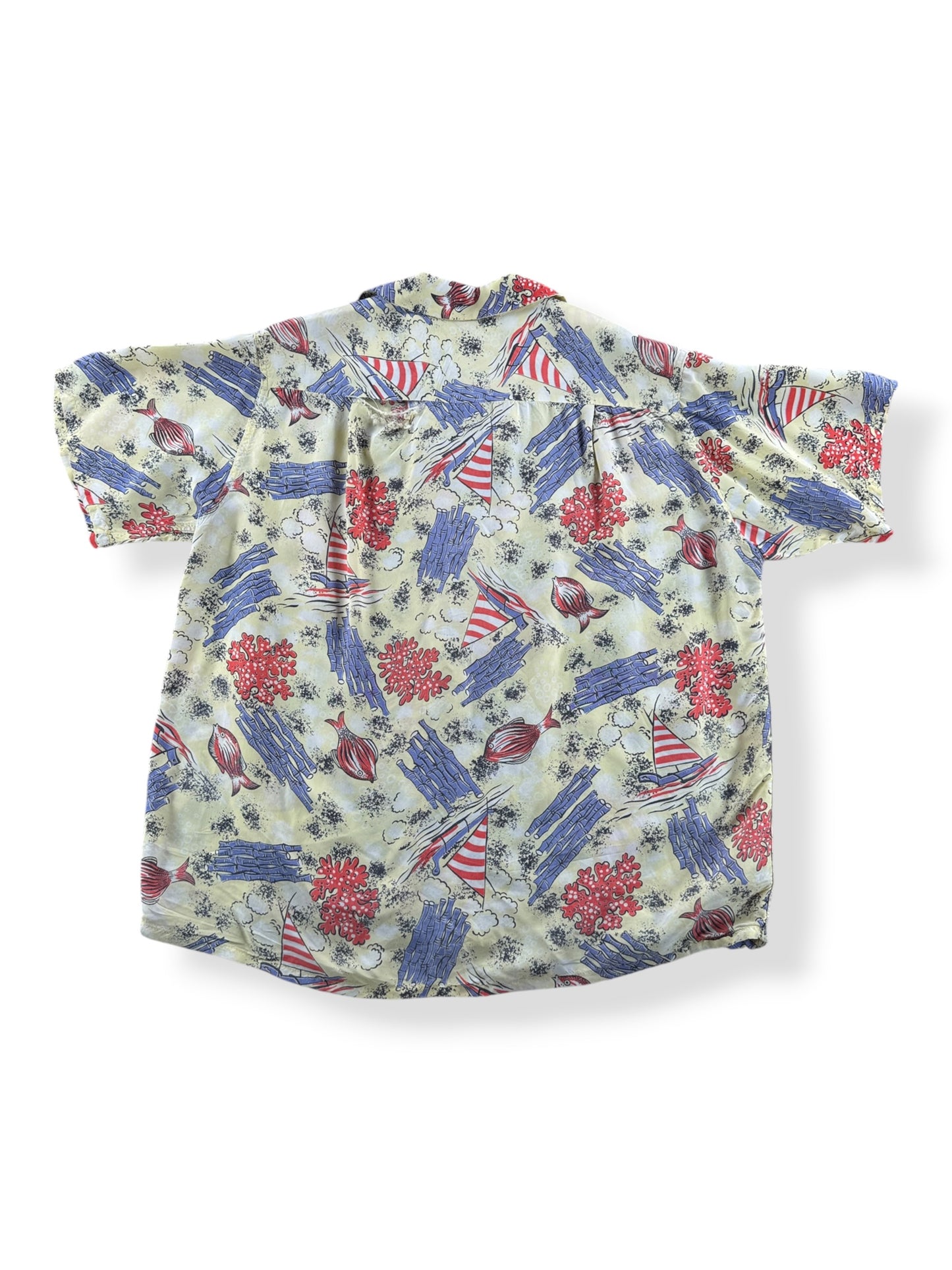 Back of Vintage Penney's Topflight Rayon Fixer Aloha Shirt SZ M