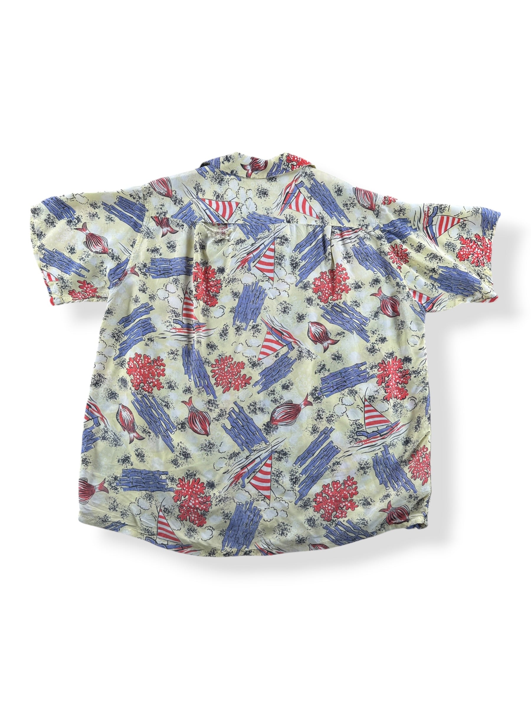 Back of Vintage Penney's Topflight Rayon Fixer Aloha Shirt SZ M