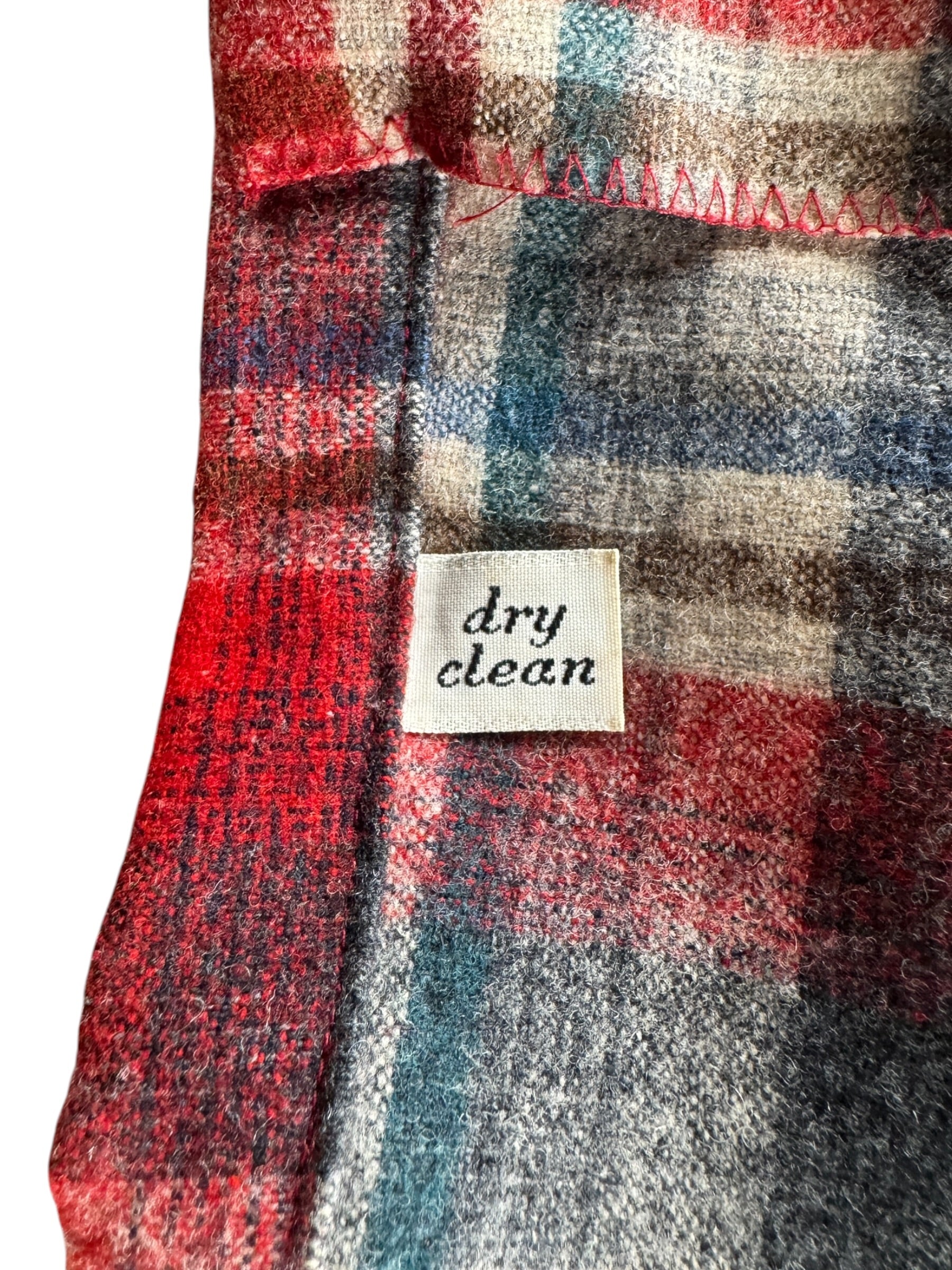 Dry clean tag on Vintage Pendleton Red & Blue Board Shirt SZ M