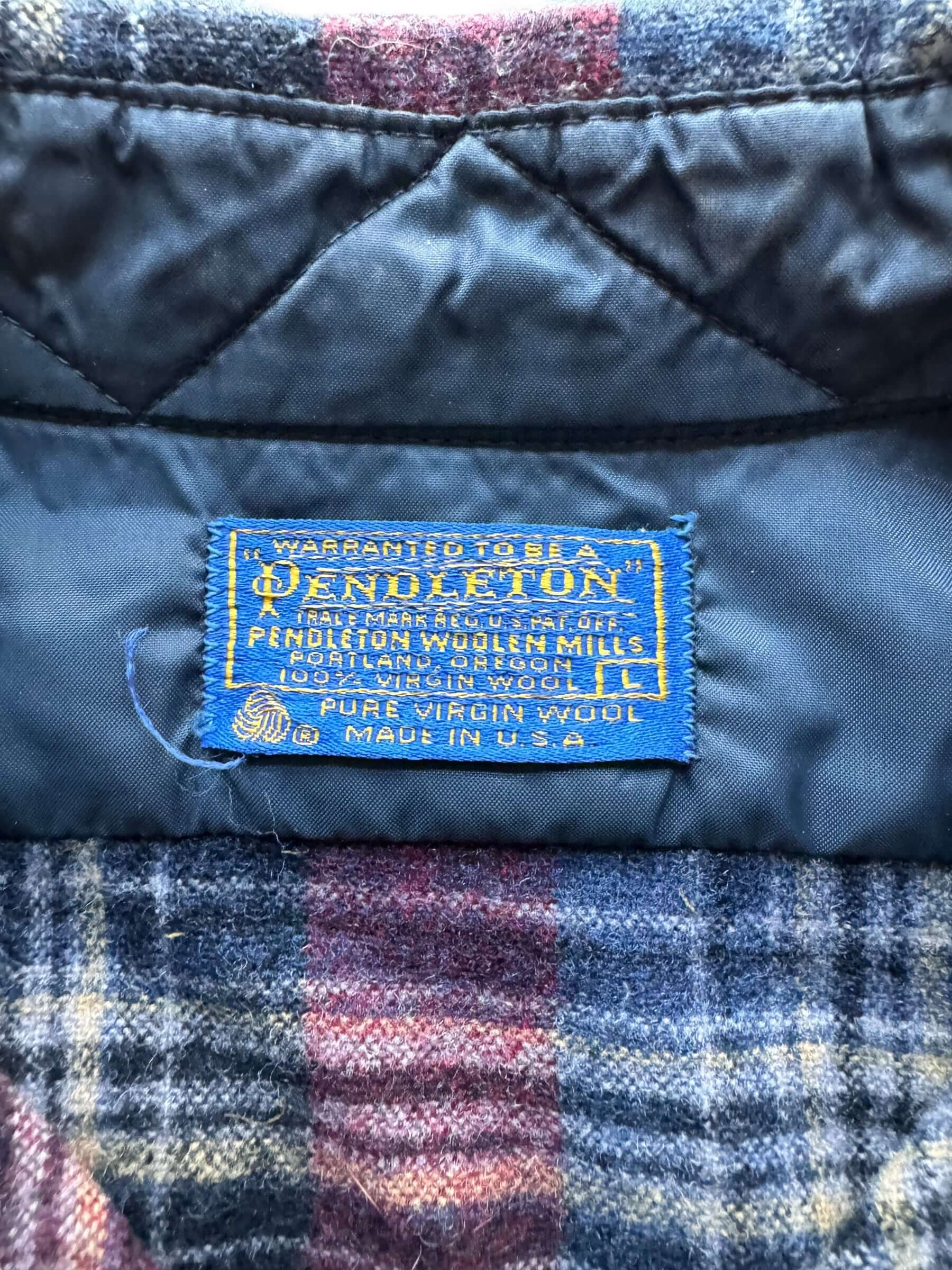 tag on Vintage Pendleton Maroon/Navy/Yellow Flannel SZ L