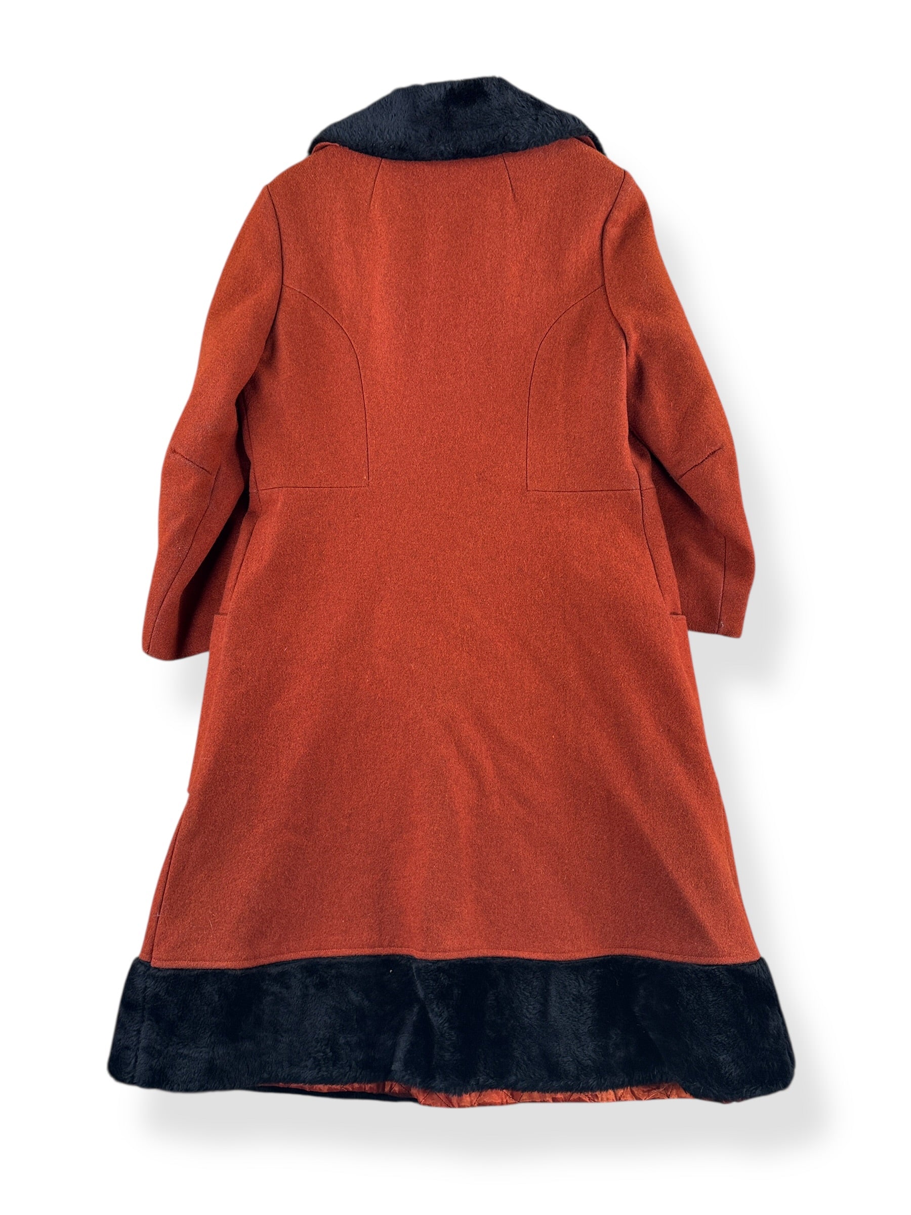 Back of Vintage 60s Burnt Orange Penny Lane Style Coat w/ Clasps SZ M