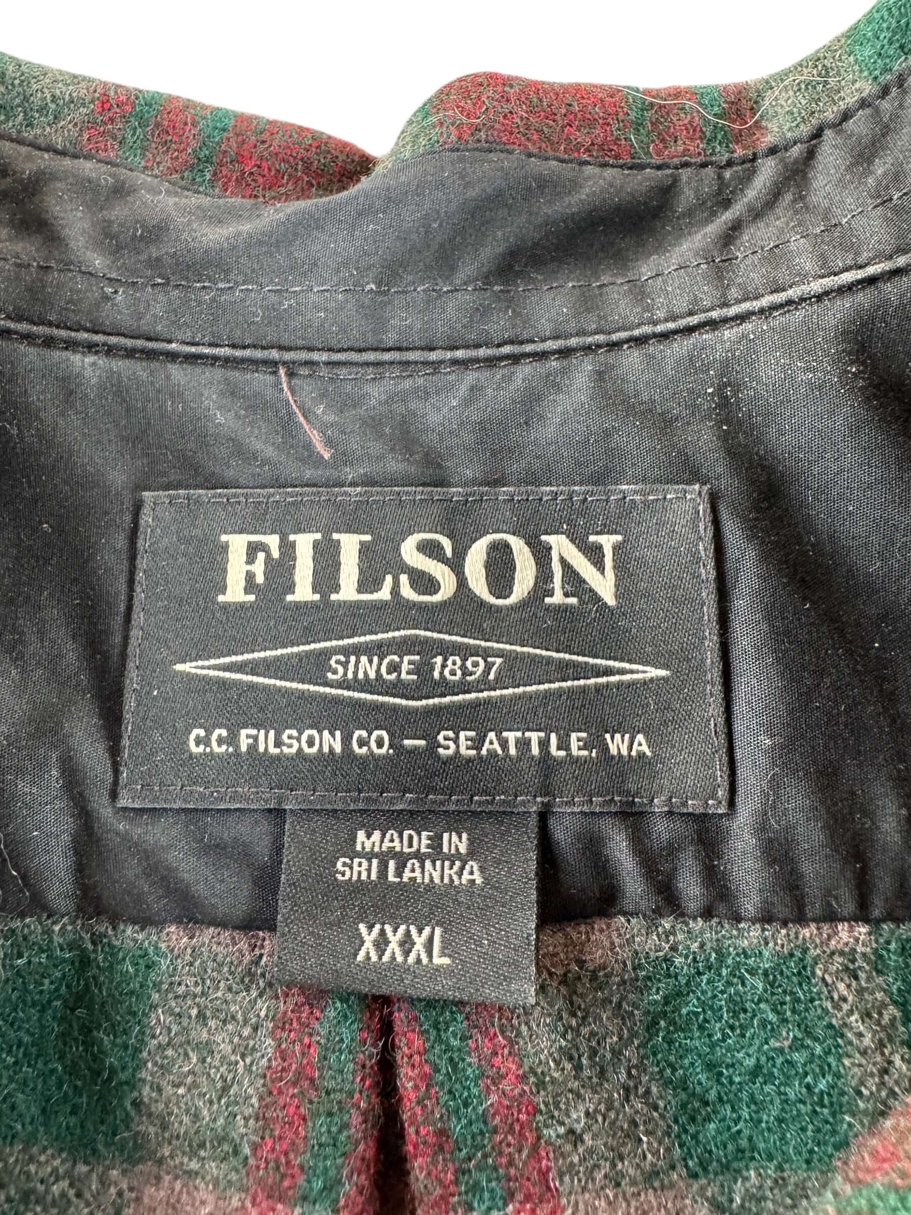 Label on Filson Green & Maroon Flannel SZ XXXL