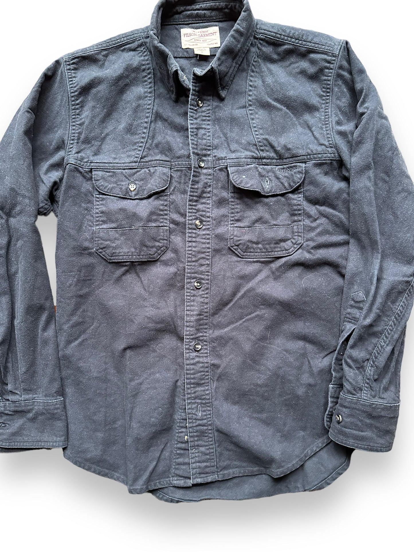 front close up of Filson Black Moleskin Shirt |  Barn Owl Vintage Goods | Vintage Filson Workwear Seattle