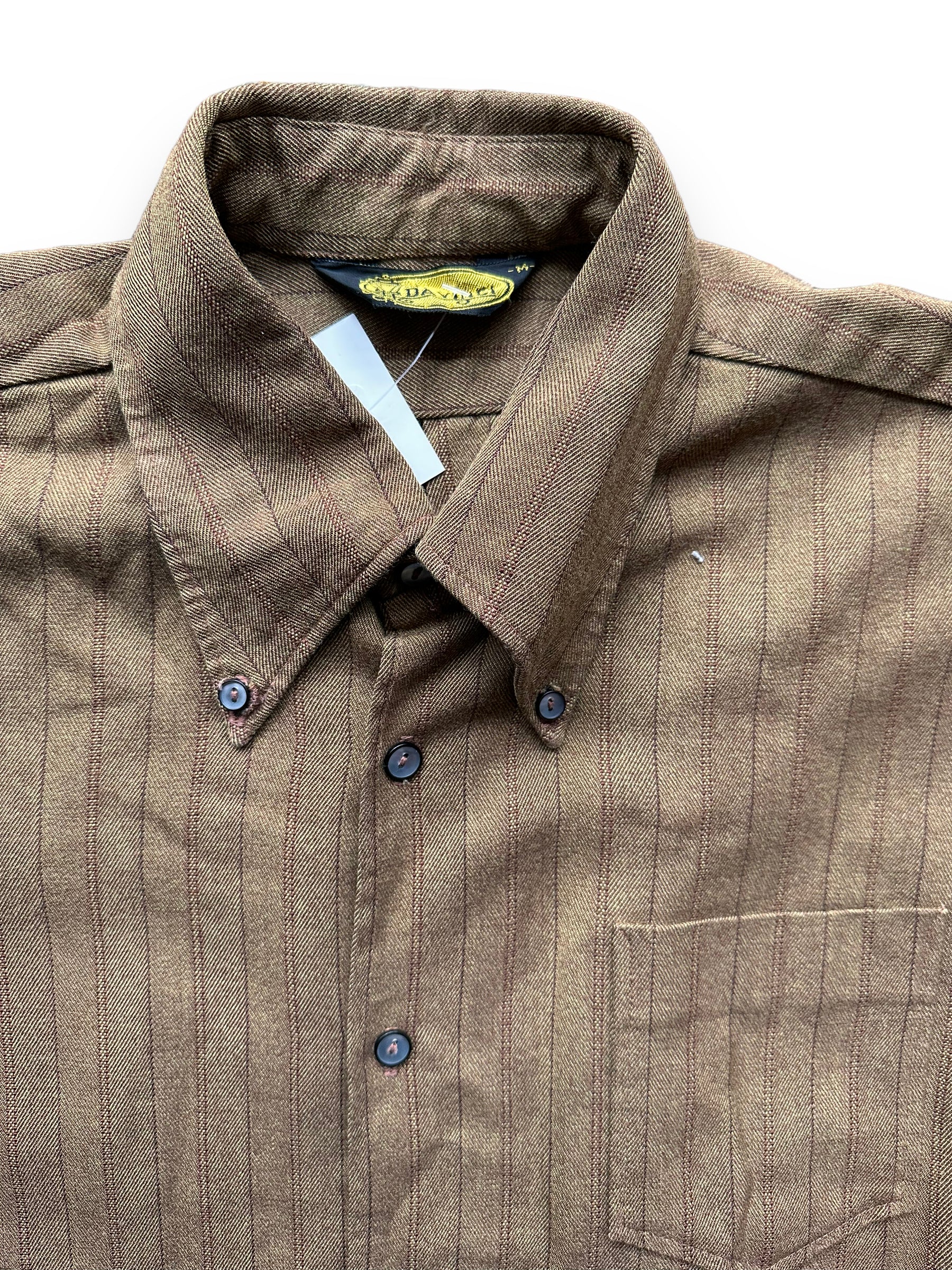 Tag View of Vintage Davinci Brown Stripes Short Sleeve Button Up Shirt SZ M | Vintage Button Up Shirt Seattle | Barn Owl Vintage Seattle