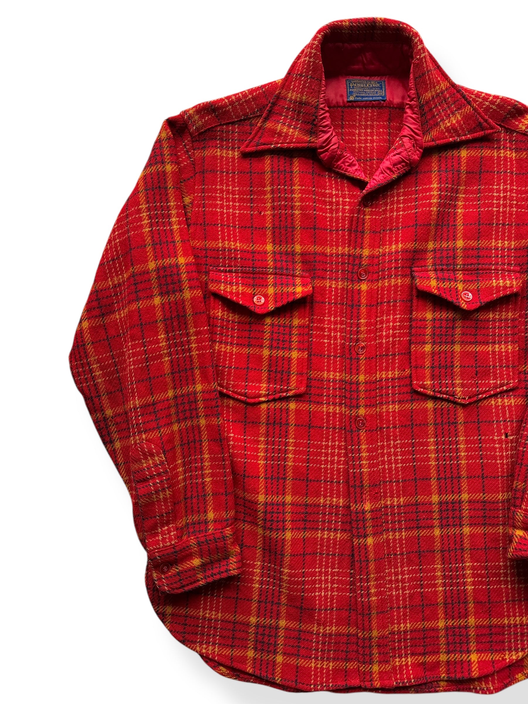 Front Right of Vintage Pendleton Red and Yellow Heavy Wool Flannel SZ M