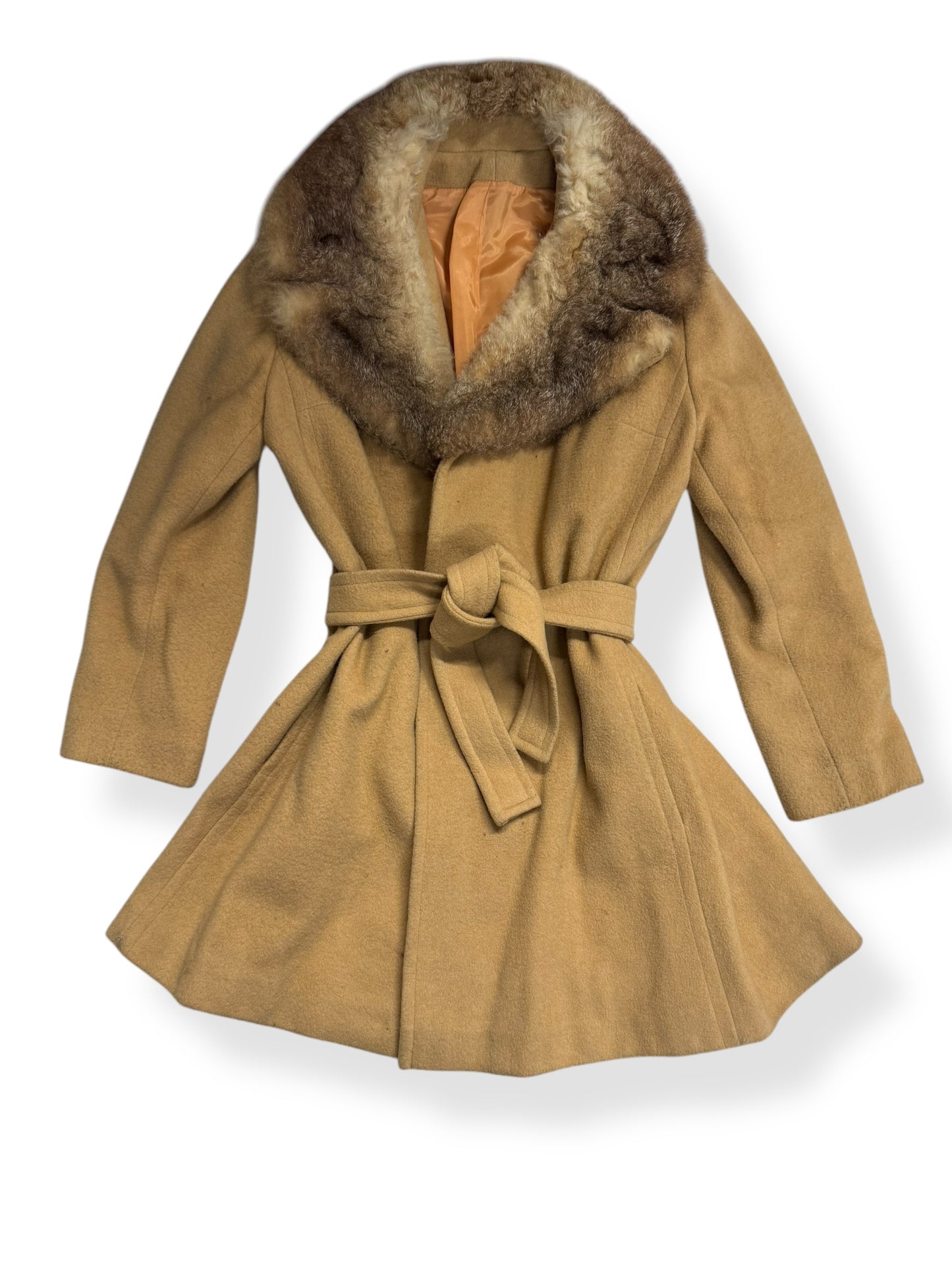 1960s Belted Camel Coat with Fur Collar M