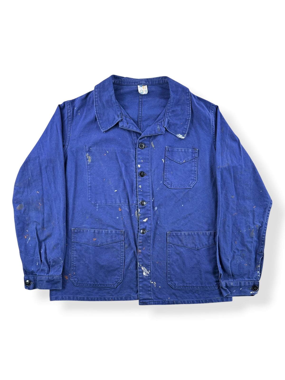 Front of Vintage Paint Splattered French Chore Coat SZ M