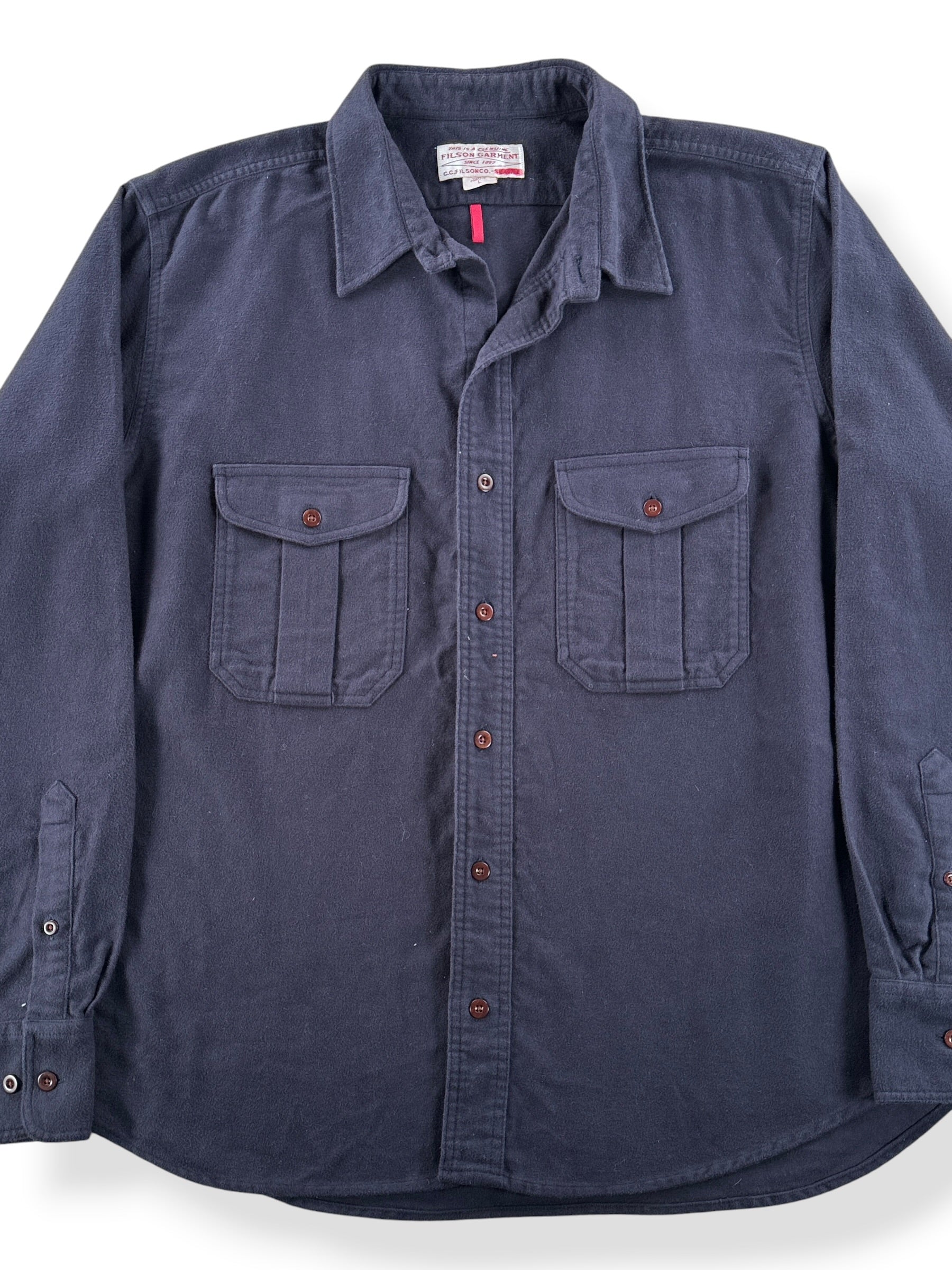 Front Close Up of Filson Navy Moleskin Seattle Shirt SZ L - AS IS