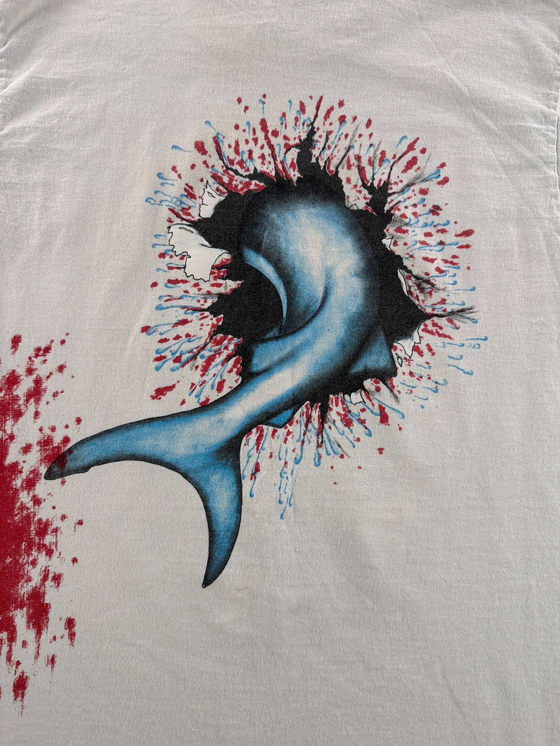 Back graphic of Vintage Friday Harbor Shark Attack Tee SZ L (Fits M)