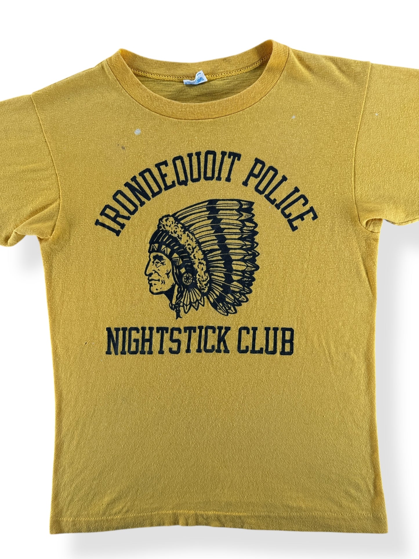 Front Close Up of Vintage Champion Blue Bar Irondequoit Police Tee SZ XS