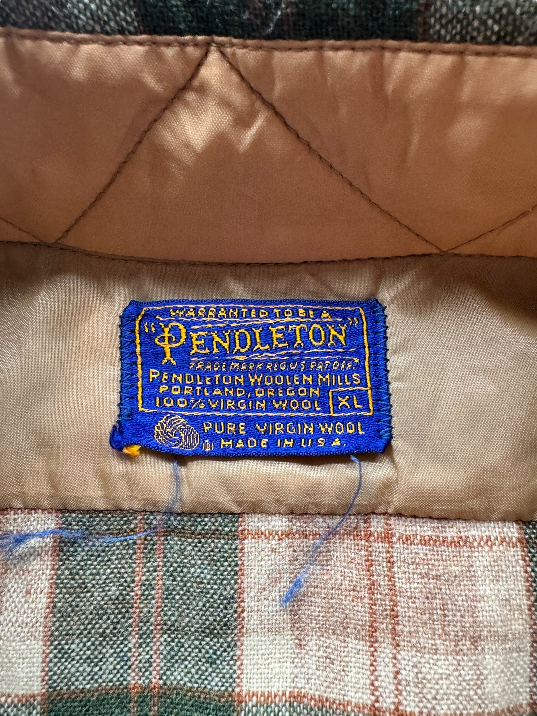 Tag on Vintage Green and Tan Pendleton Wool Flannel SZ XL