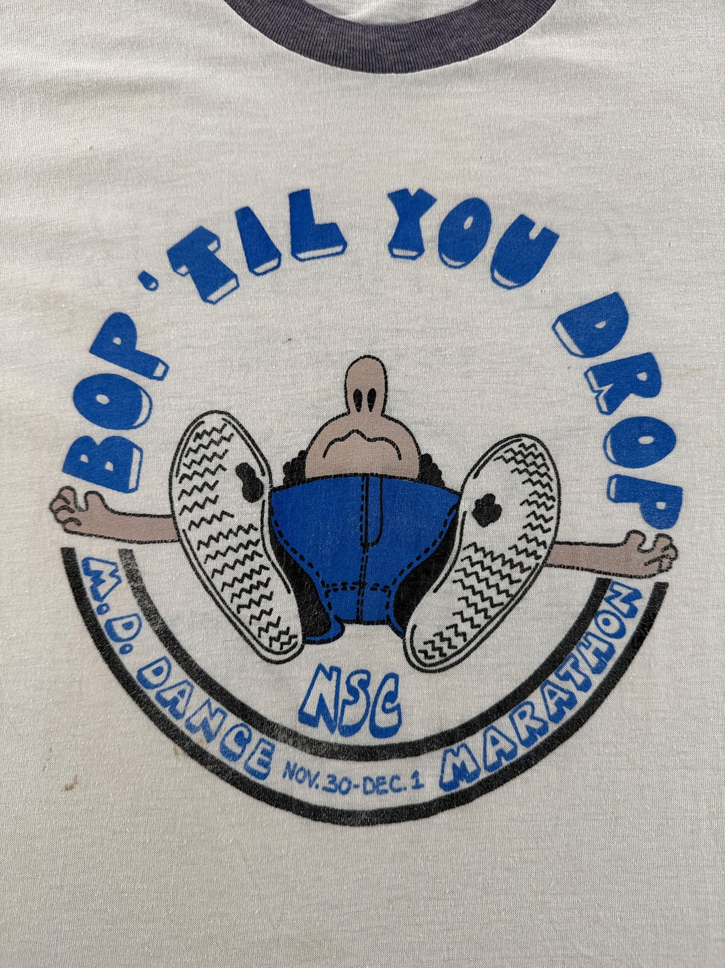 Graphic of Vintage 70s Era Bop Til You Drop Olympia Beer Ringer Tee SZ S