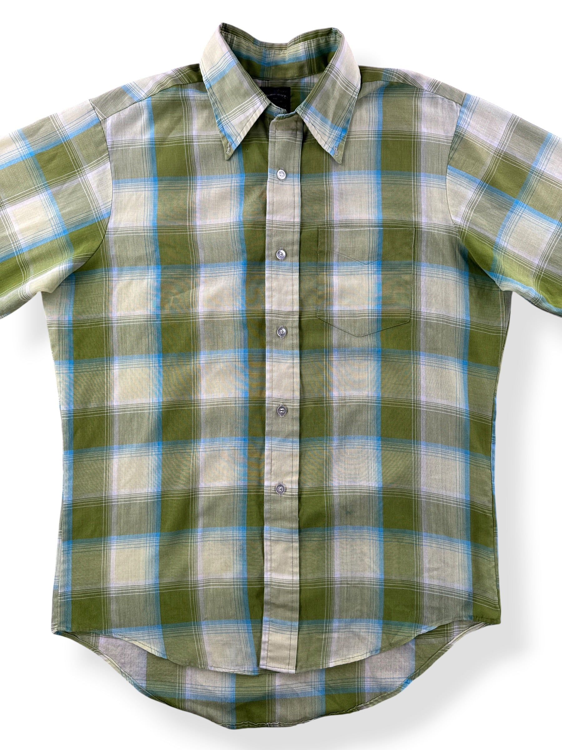 Close-up of Vintage 60s Towncraft Green Plaid SS Button Up Shirt SZ M