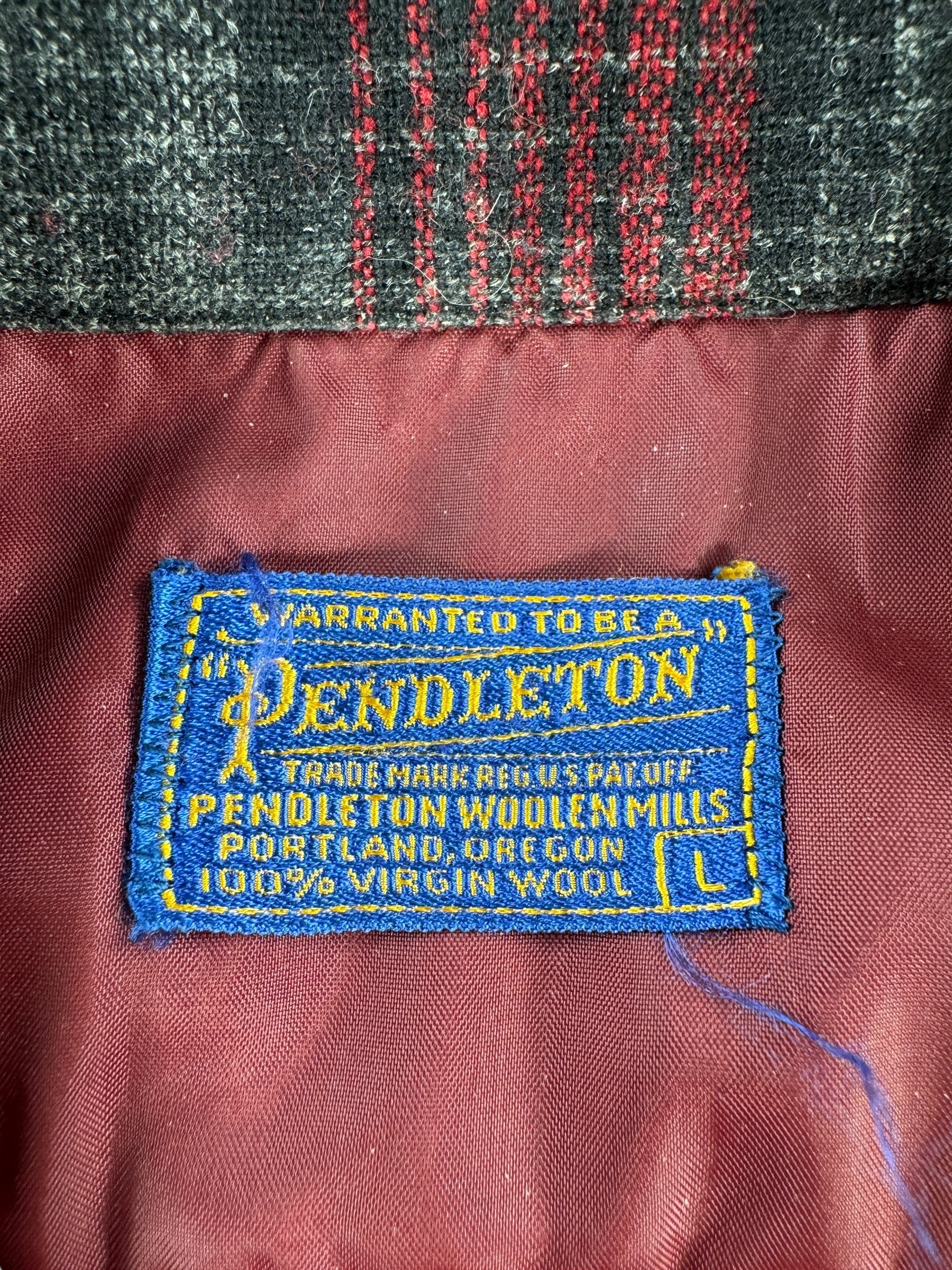 Label on Vintage Pendleton Brown Red Plaid Board Shirt SZ M