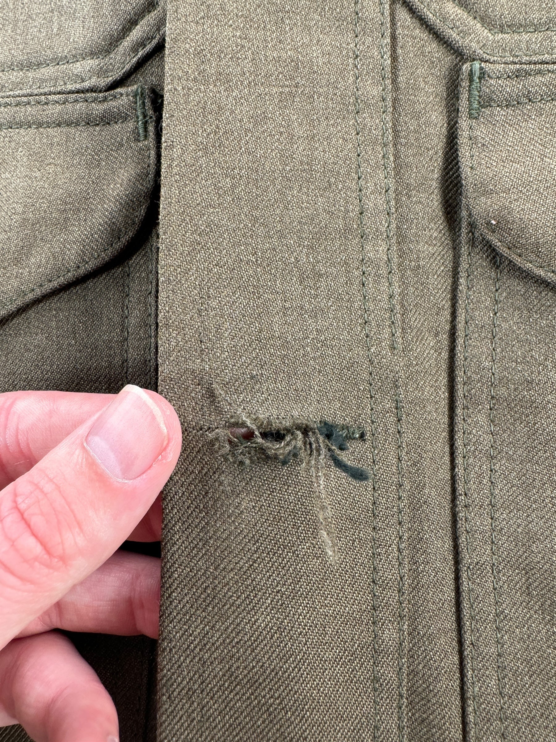 Fraying Button Hole on Vintage Union Made Filson Cruiser Jacket w/ Leather Cuffs SZ 44