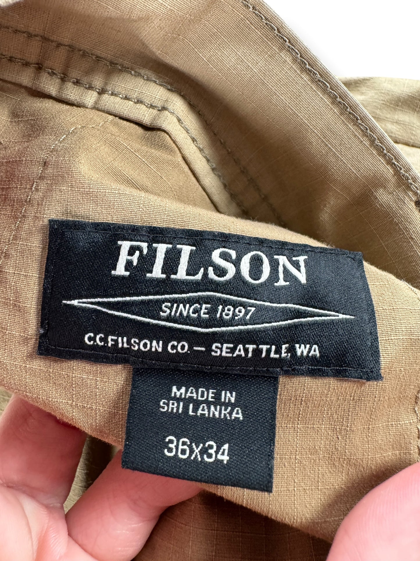Label on Filson Khaki Upland Brush Pants W36 (Fits W38)